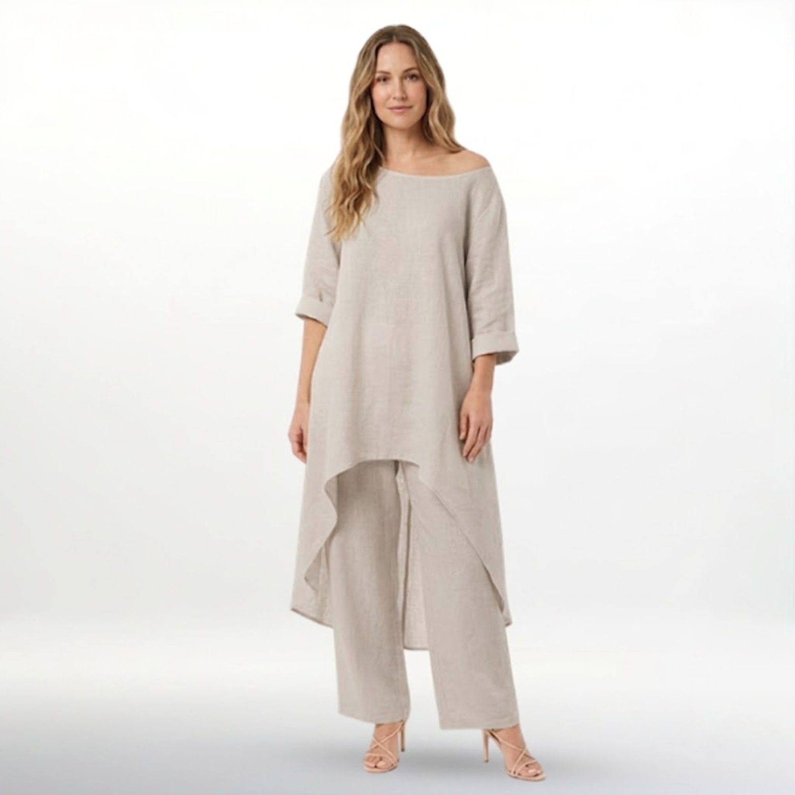 Women’s Cotton Linen Two Piece Set Irregular Hem Long Top and Wide Leg Pants