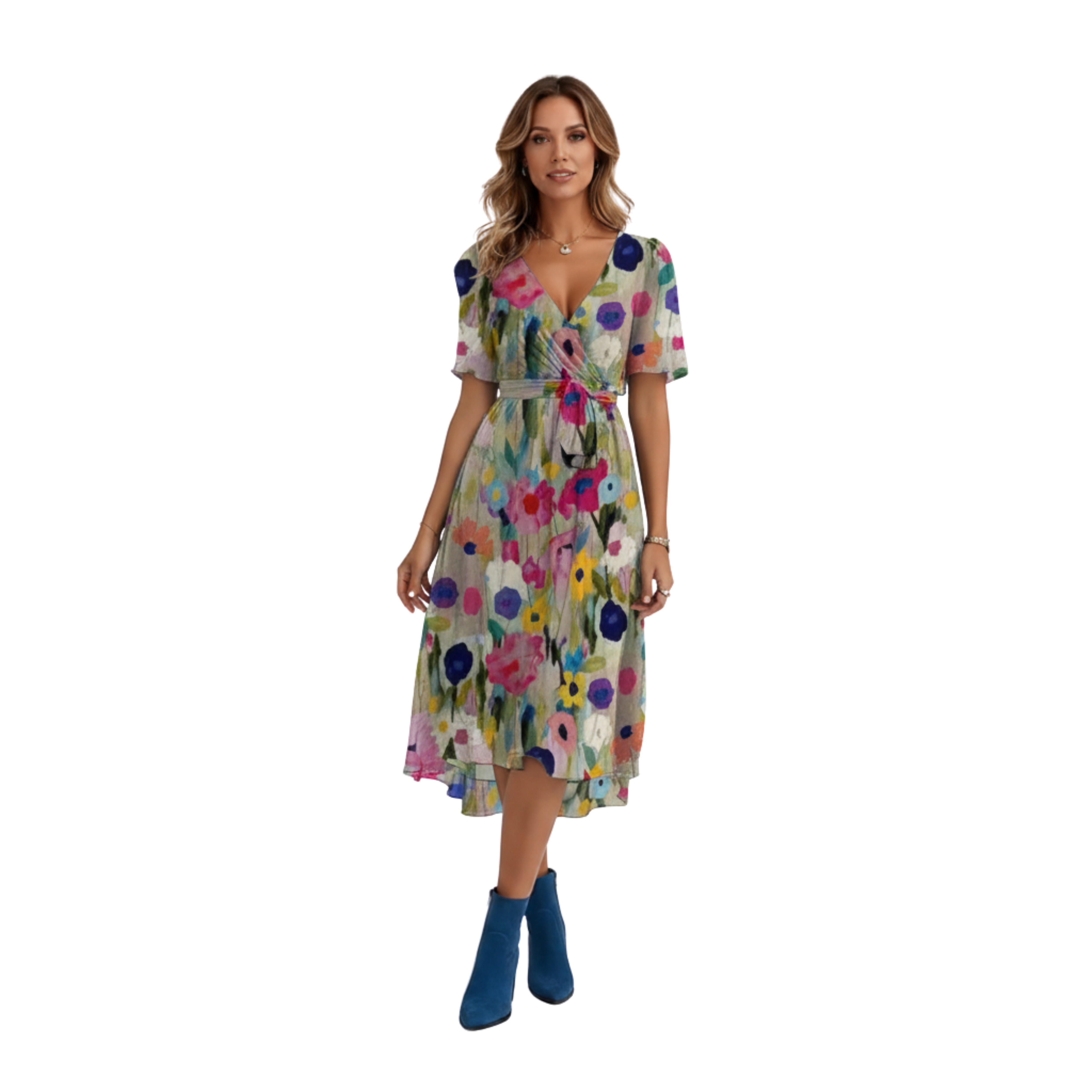 Women's V-Neck Short Sleeve Print Midi Dress Casual Loose Fit A-Line Flowy Dress