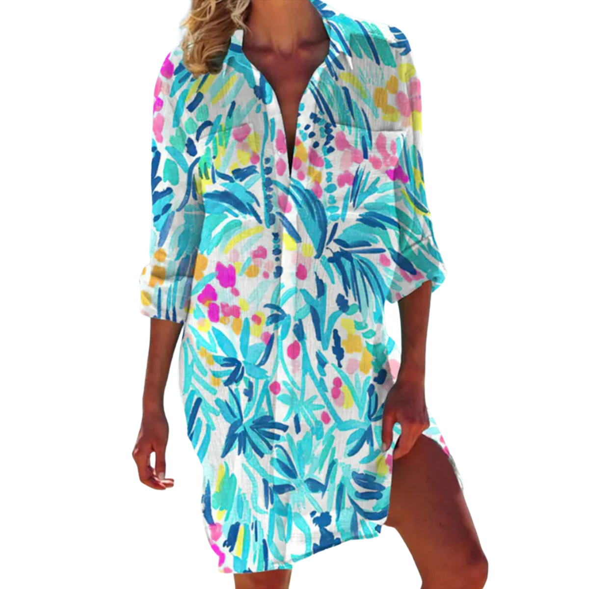 Tropical Print Shirt Dress Women's Beach Cover Up with 3/4 Roll-Tab Sleeves