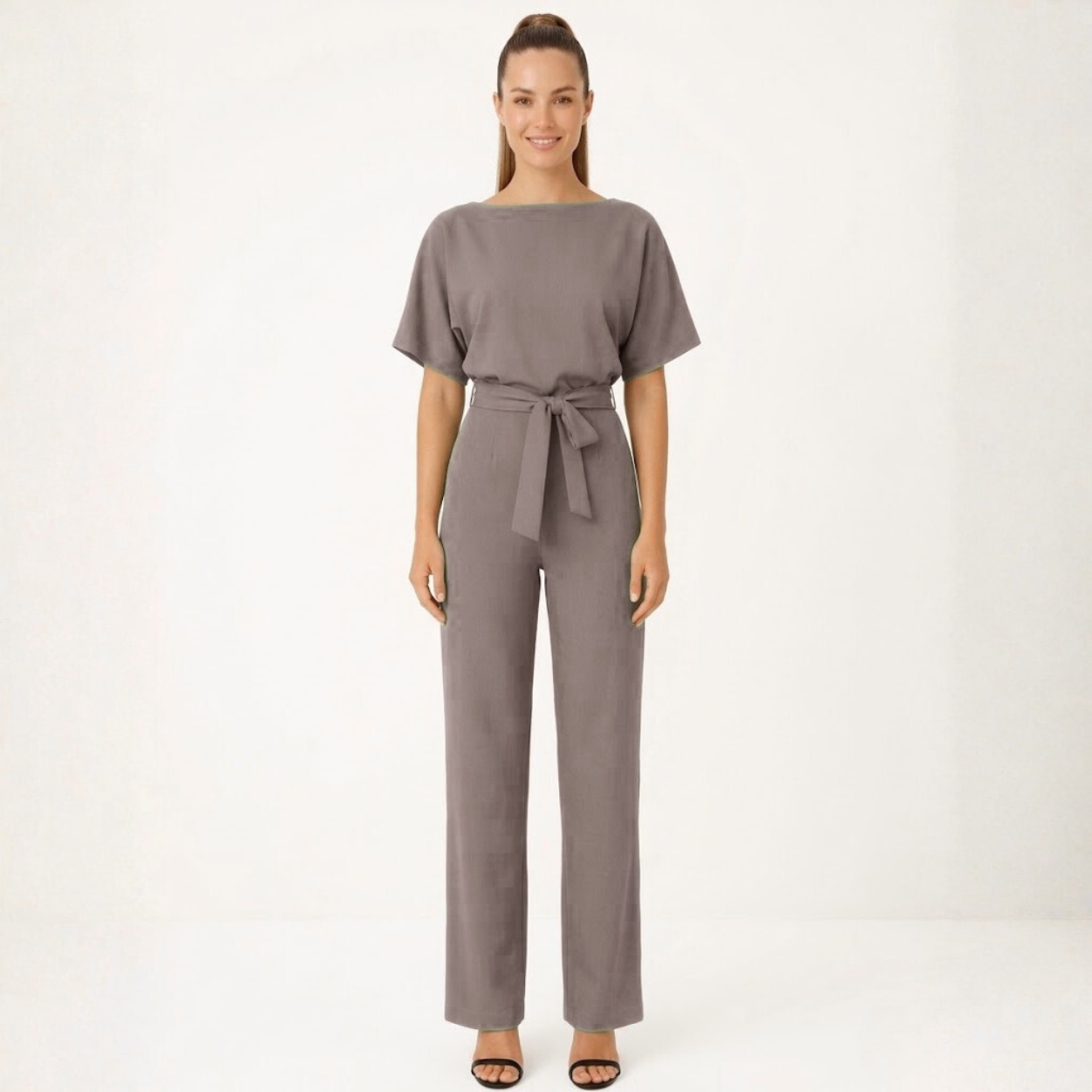 Wide Leg Jumpsuit for Women with Belted Waist and Short Kimono Sleeves