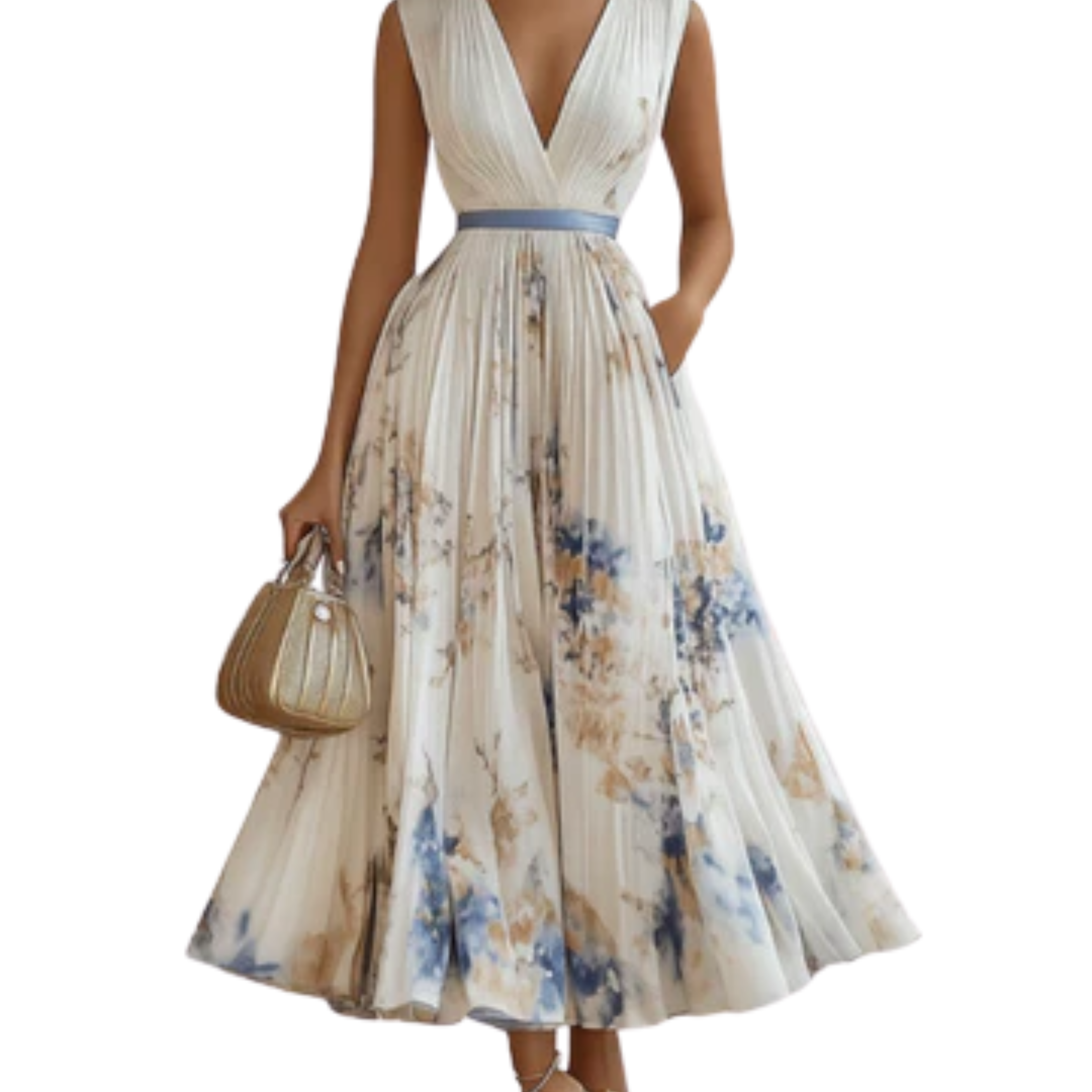 Women's v-neck midi dress — sleeveless pleated skirt with pockets — wedding guest