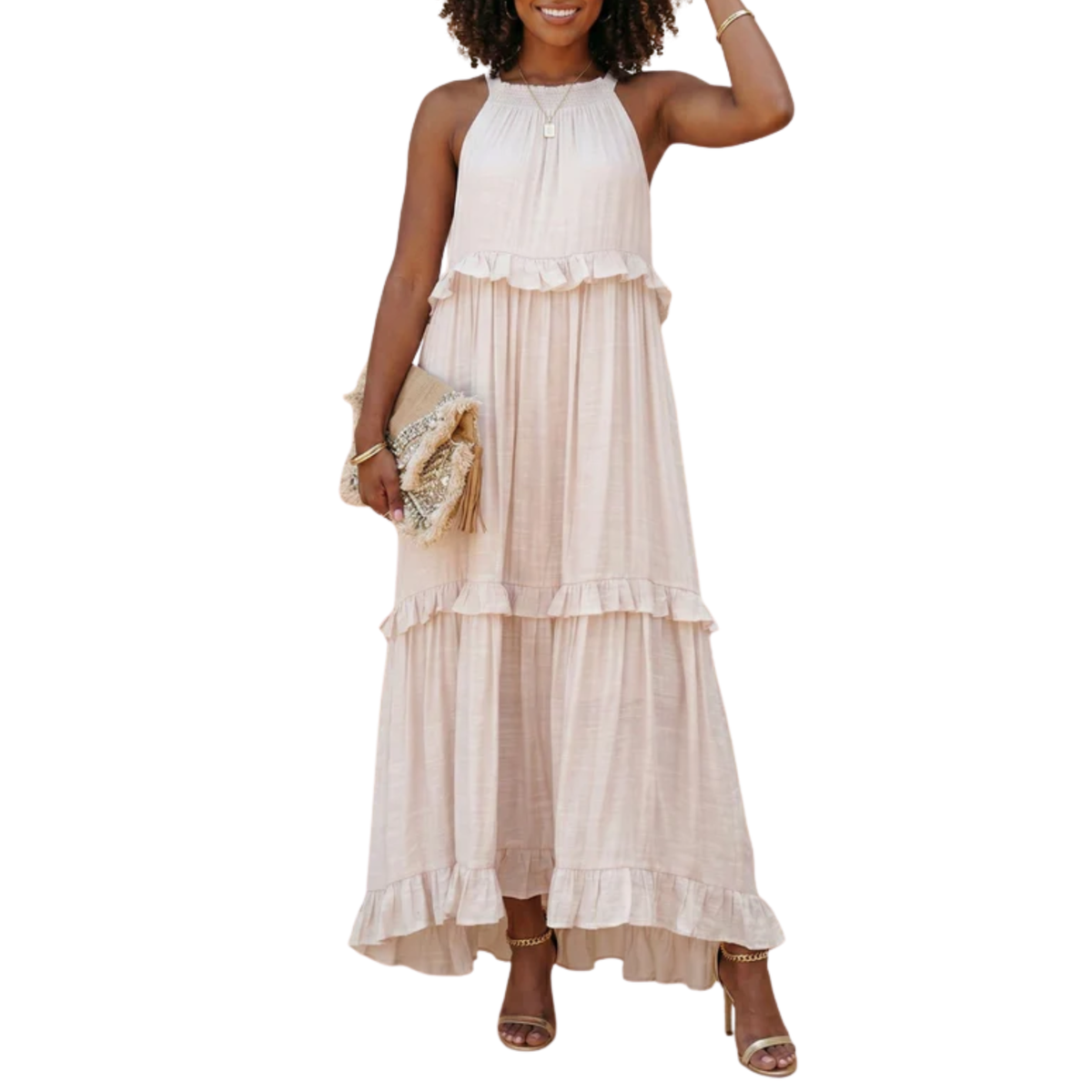 Women's Tiered Maxi Dress Halter Neck Cotton Blend Sleeveless Flowing Wedding Guest Dress