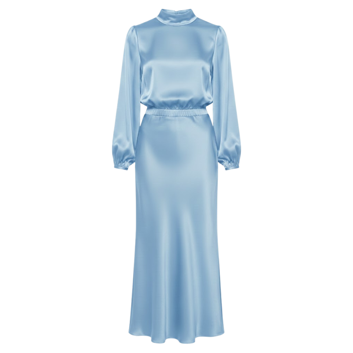 Satin High Neck Maxi Dress Long Sleeve Empire Waist Asymmetrical Evening Party Gown
