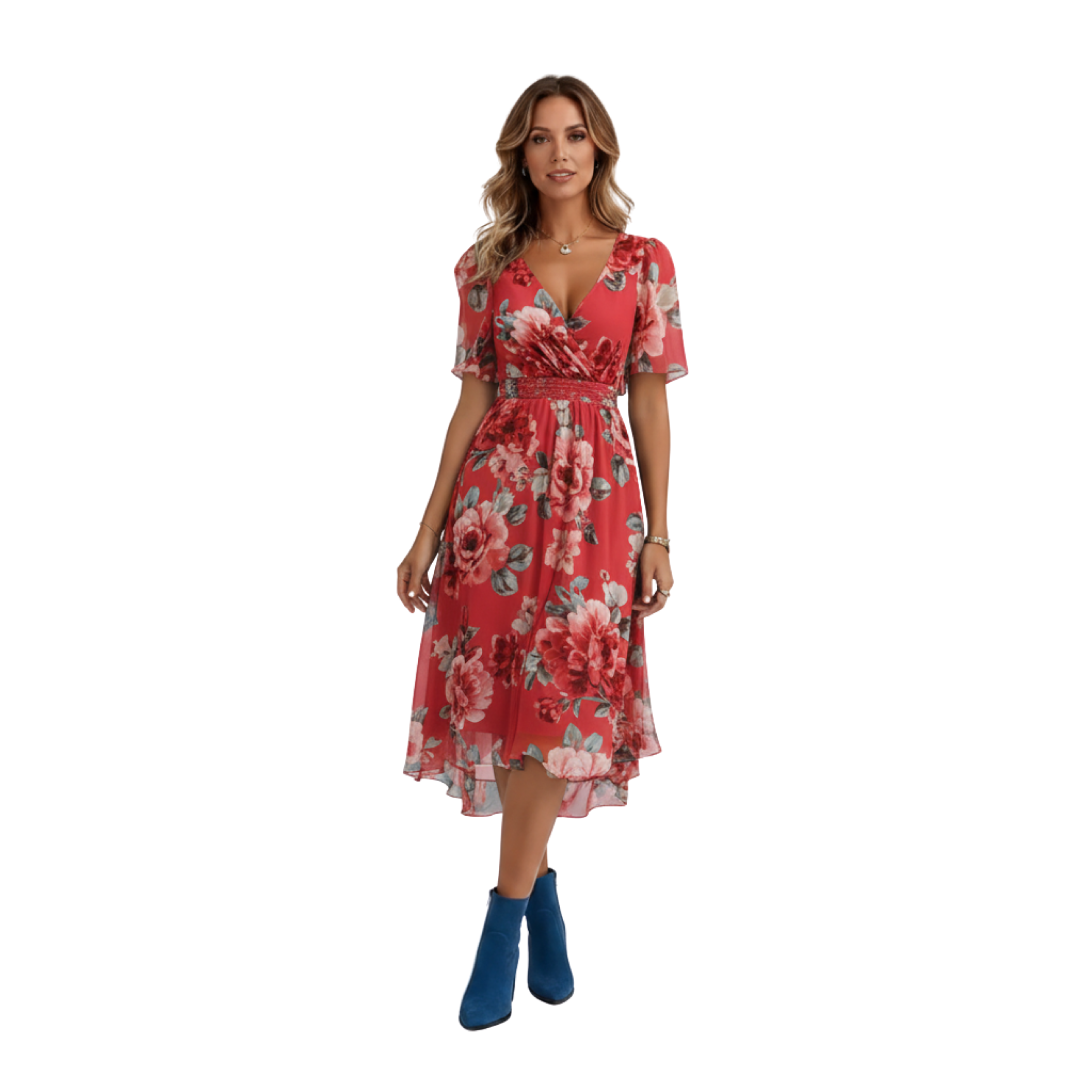 Women's V-Neck Short Sleeve Print Midi Dress Casual Loose Fit A-Line Flowy Dress