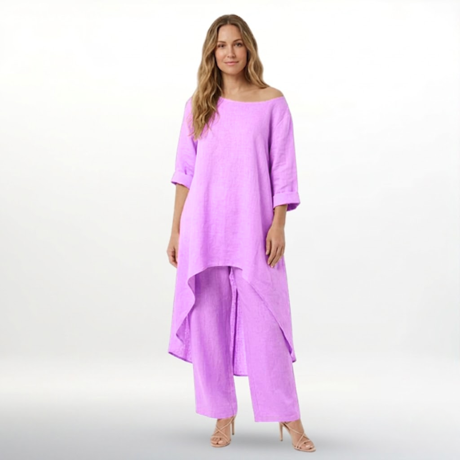 Women’s Cotton Linen Two Piece Set Irregular Hem Long Top and Wide Leg Pants