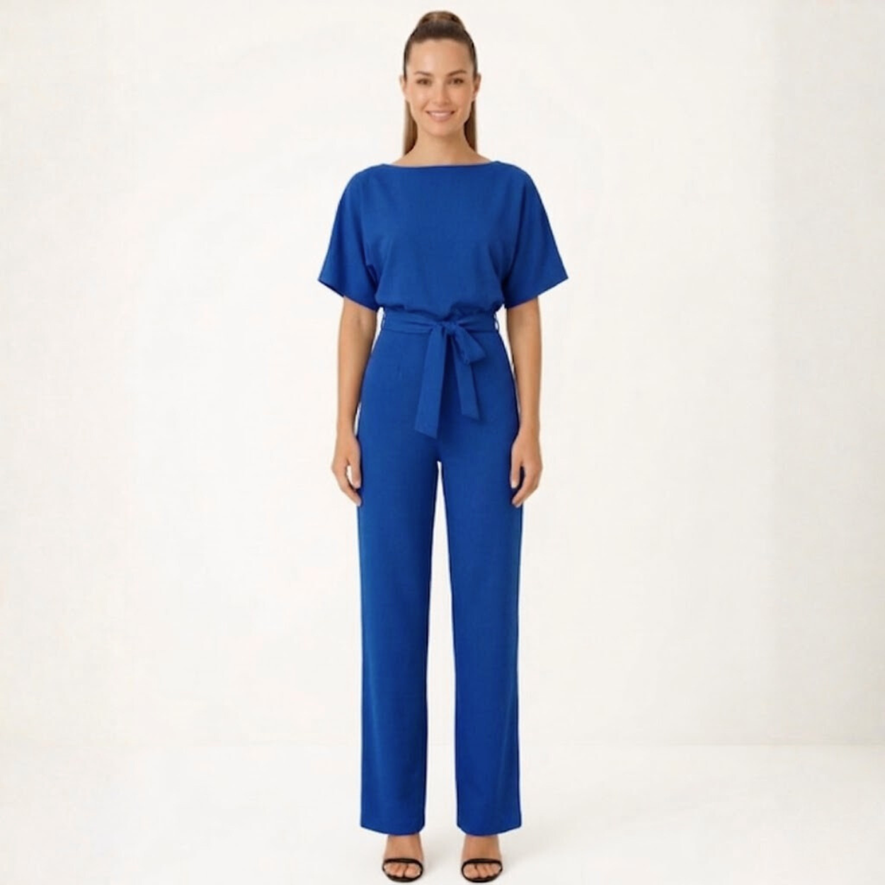 Wide Leg Jumpsuit for Women with Belted Waist and Short Kimono Sleeves