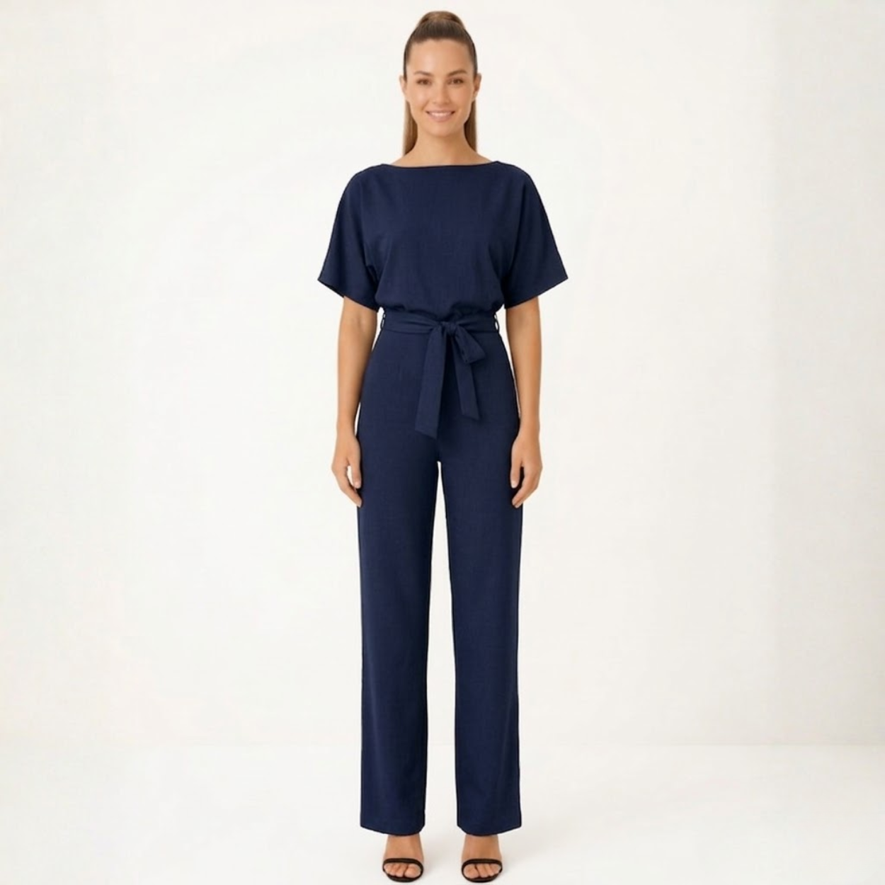 Wide Leg Jumpsuit for Women with Belted Waist and Short Kimono Sleeves