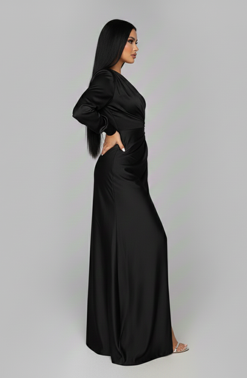 Women's maxi dress - one-shoulder satin design with side slit | wedding guest