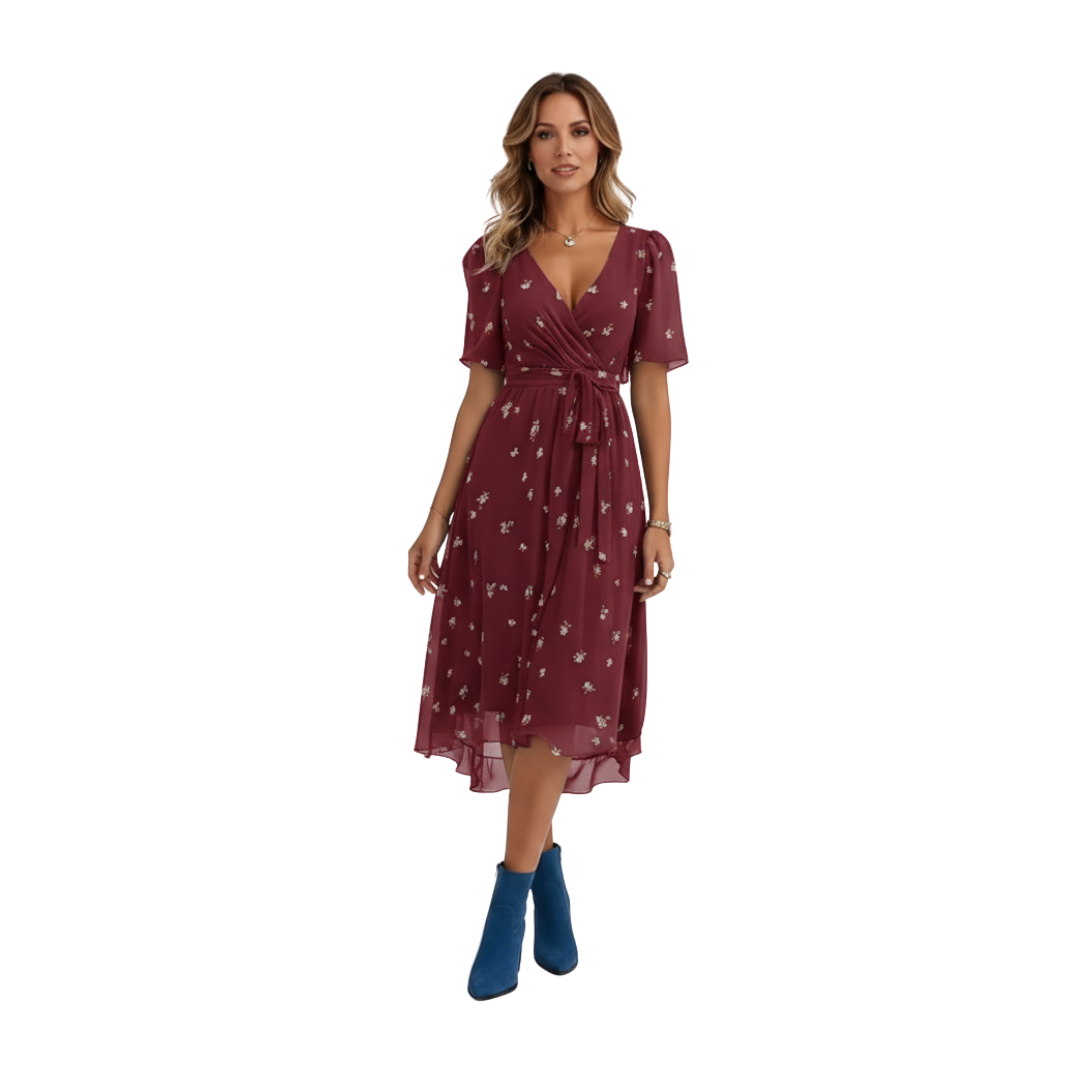 Women's V-Neck Short Sleeve Print Midi Dress Casual Loose Fit A-Line Flowy Dress