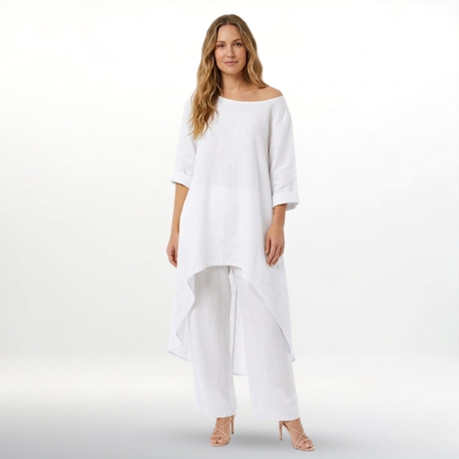 Women’s Cotton Linen Two Piece Set Irregular Hem Long Top and Wide Leg Pants
