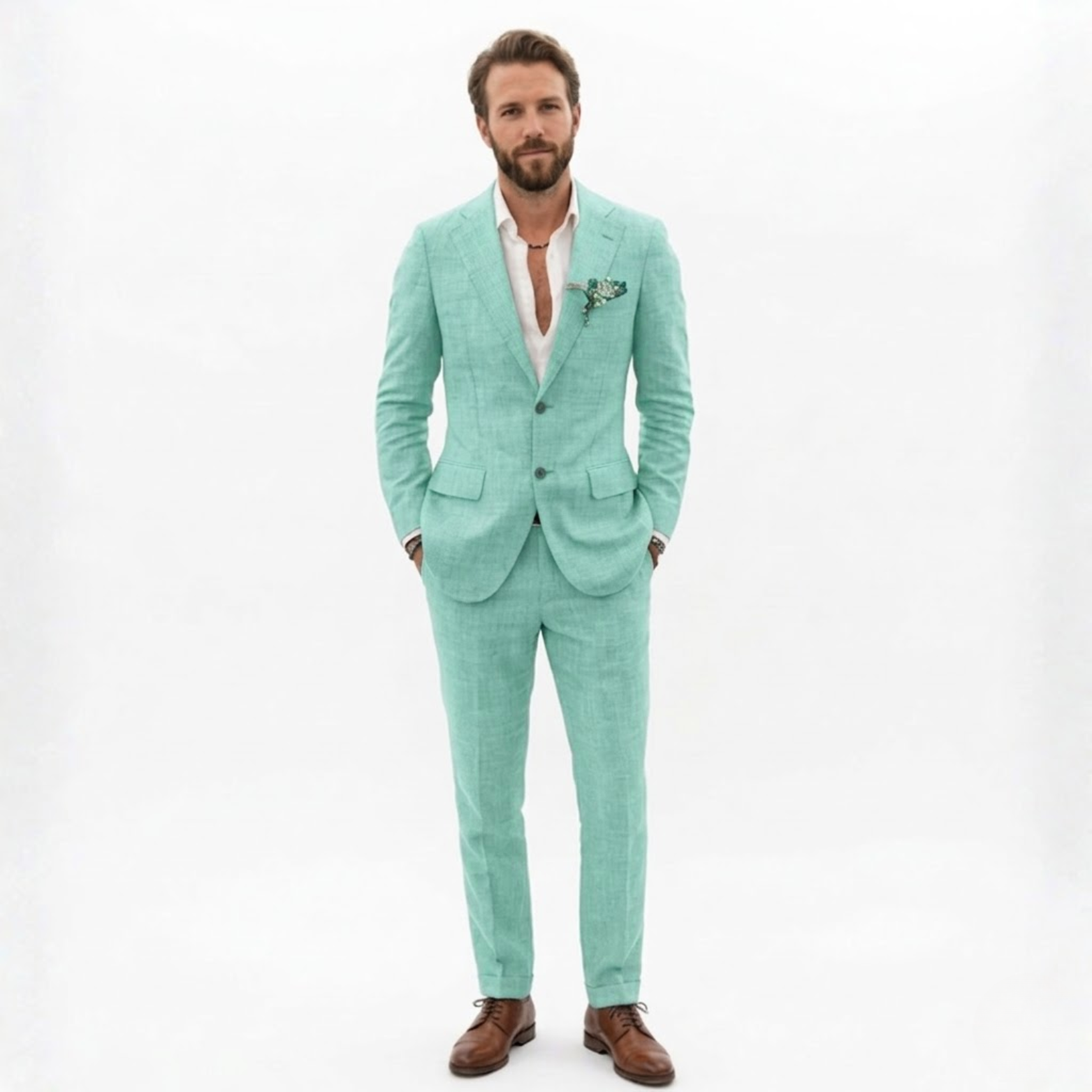 Men’s Cotton Linen Suit 2 Piece Set Slim Fit Single Breasted Blazer and Trousers