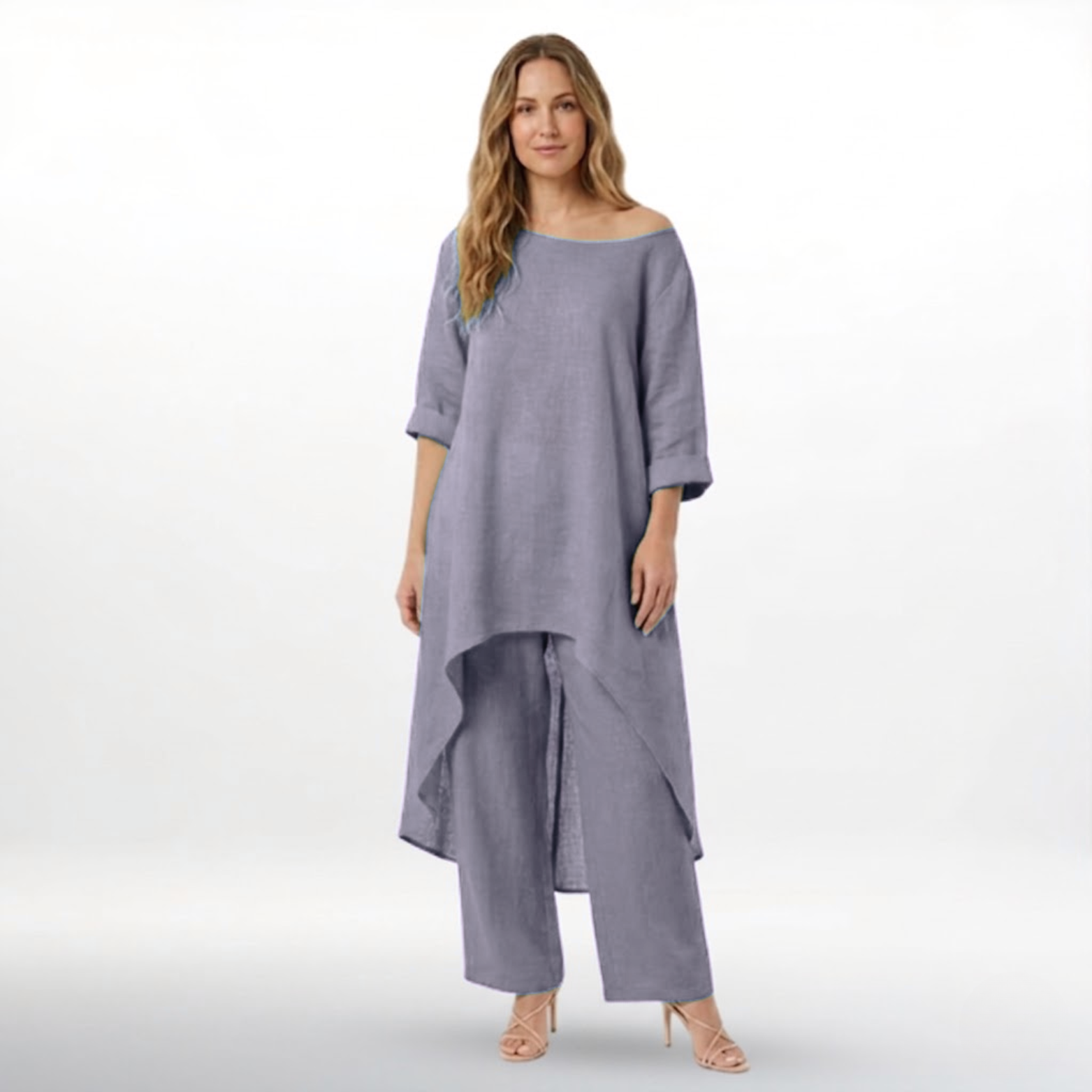 Women’s Cotton Linen Two Piece Set Irregular Hem Long Top and Wide Leg Pants