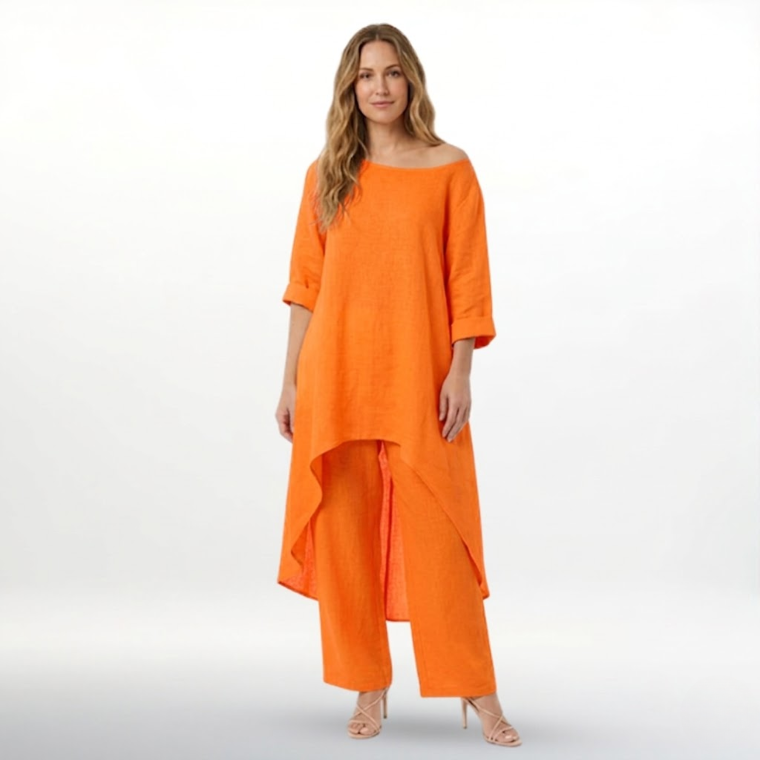 Women’s Cotton Linen Two Piece Set Irregular Hem Long Top and Wide Leg Pants