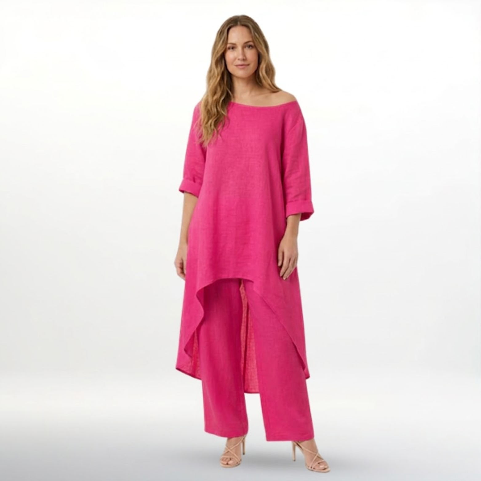 Women’s Cotton Linen Two Piece Set Irregular Hem Long Top and Wide Leg Pants