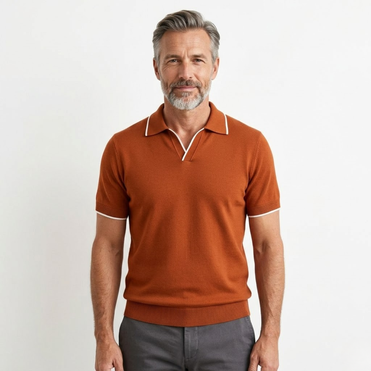Men's knit polo shirt — contrast trim slim fit — casual daily