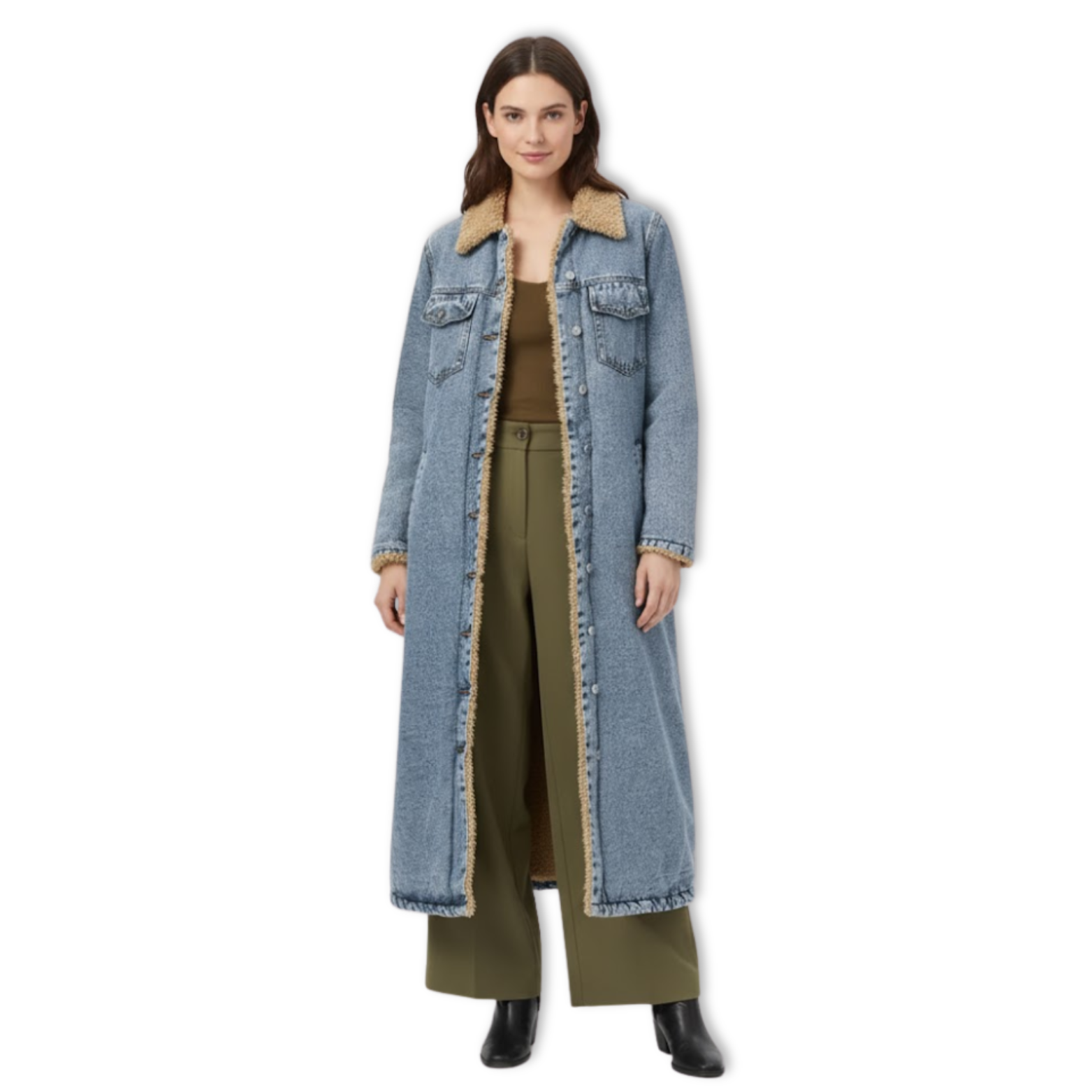 Women's Long Denim Coat Shearling Lined Faux Fur Collar Button Down Jean Jacket