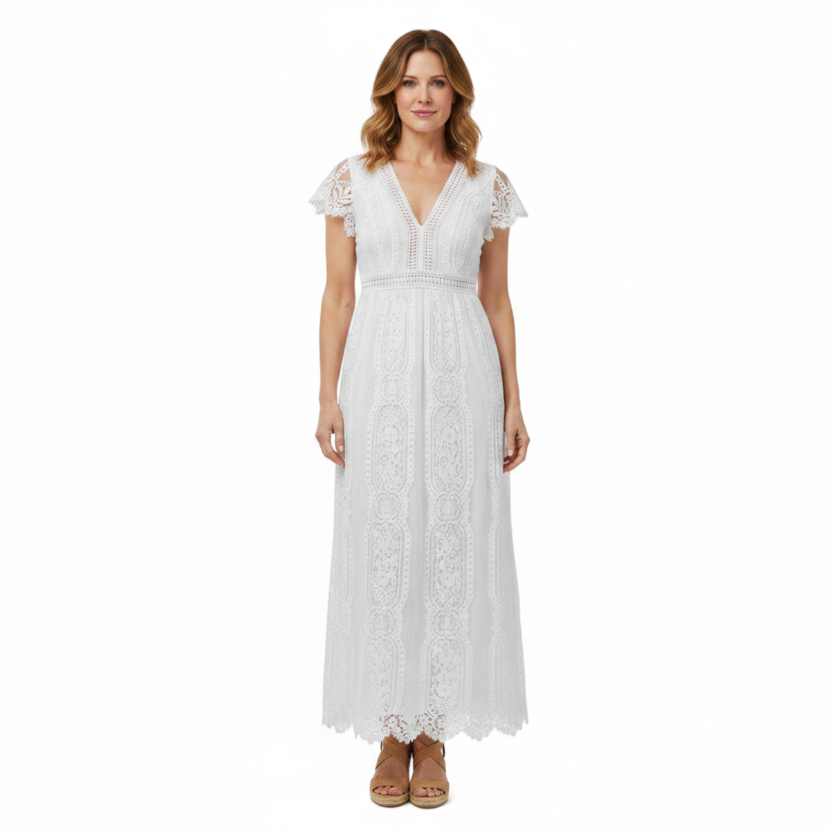 Women's Floral Lace Maxi Dress with Cap Sleeves and Scalloped Hem A-Line Fit