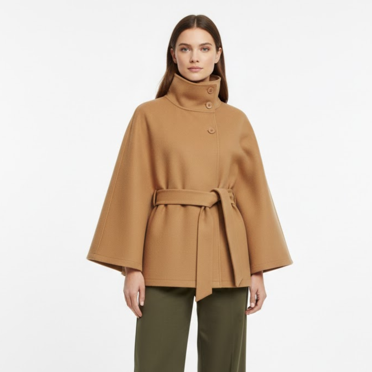 Women's Belted Cape Coat Funnel Neck Long Sleeve Polyester Button Cloak Outerwear