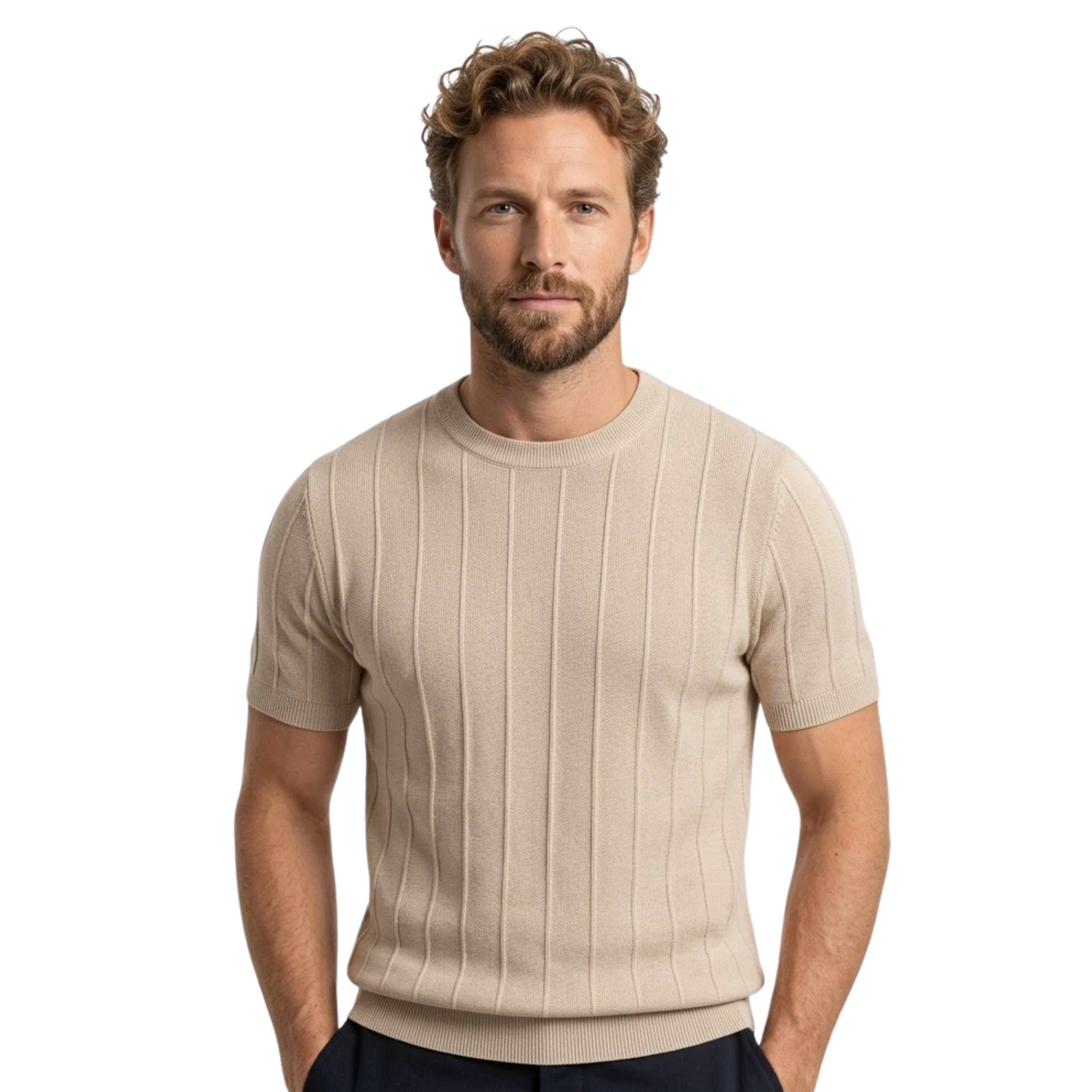 Men's Knitted Ribbed T-Shirt Short Sleeve Crew Neck Cotton Slim Fit Casual Top