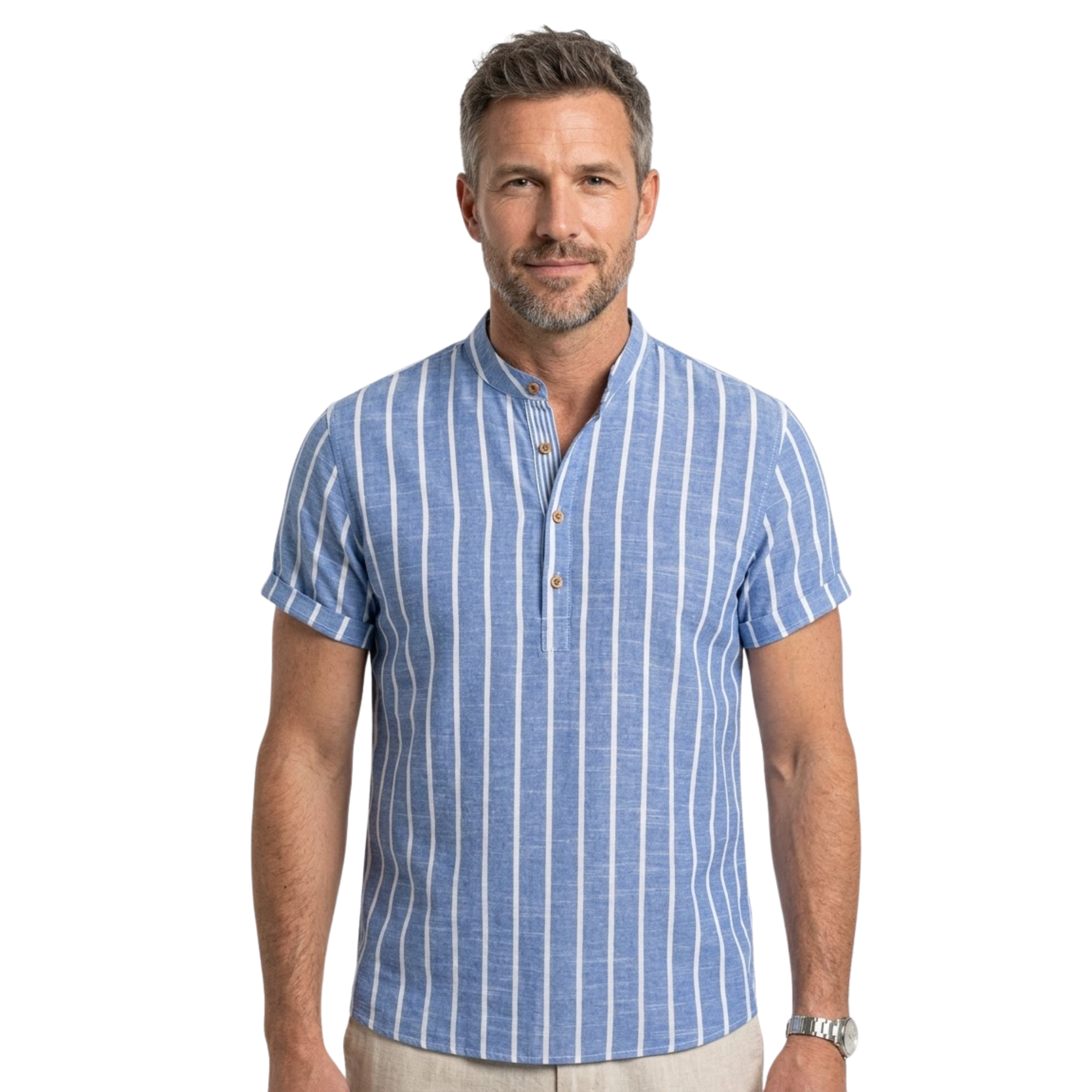 Short Sleeve Striped Linen Shirt Men Stand Collar Casual Button Up Summer Tops