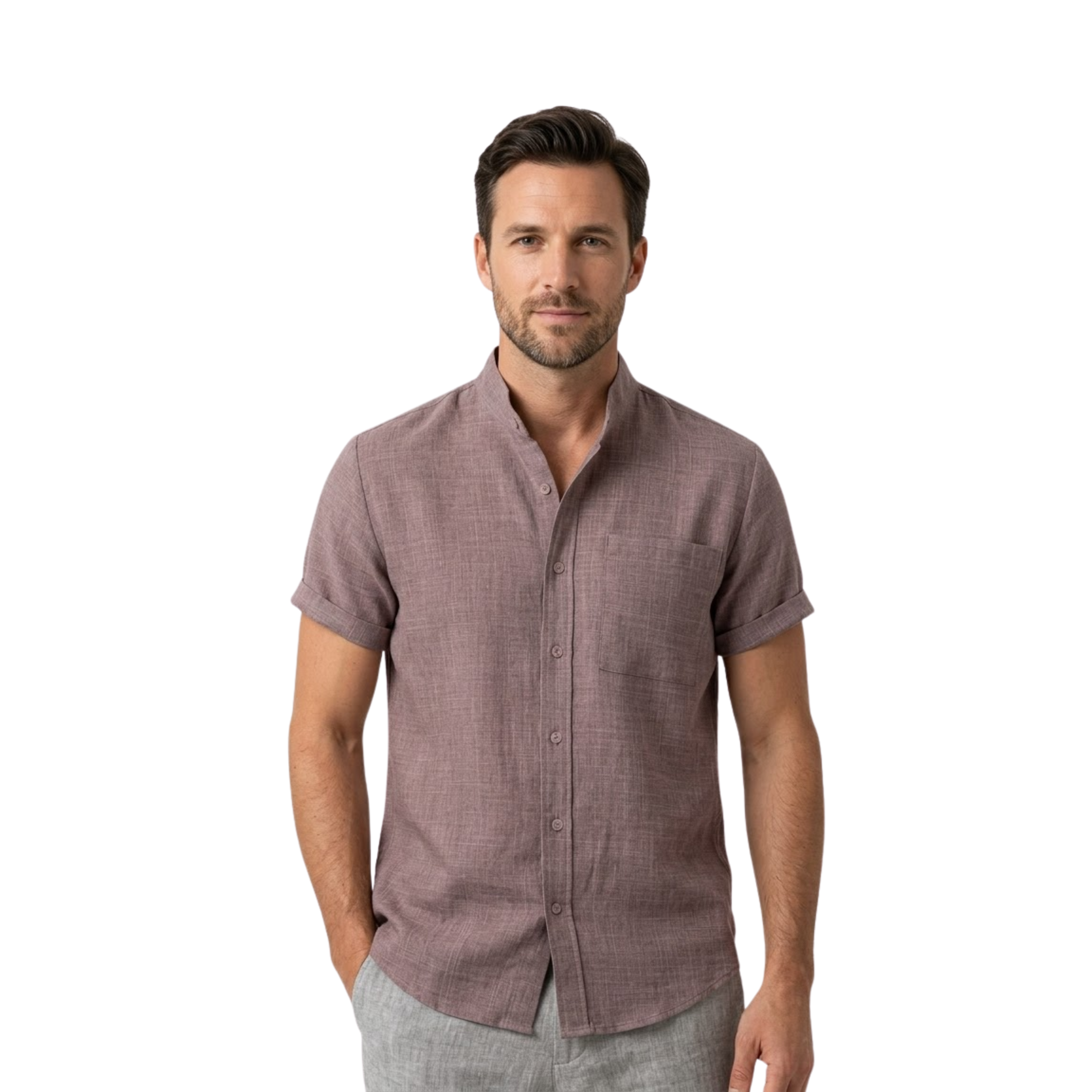 Men's Short Sleeve Cotton Linen Shirt Casual Loose Mandarin Collar Beach Top