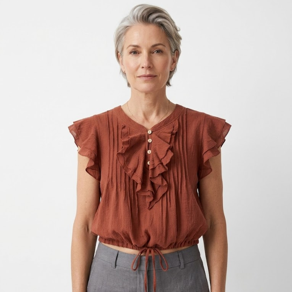 Crop top blouse for women in cotton gauze with flutter sleeves