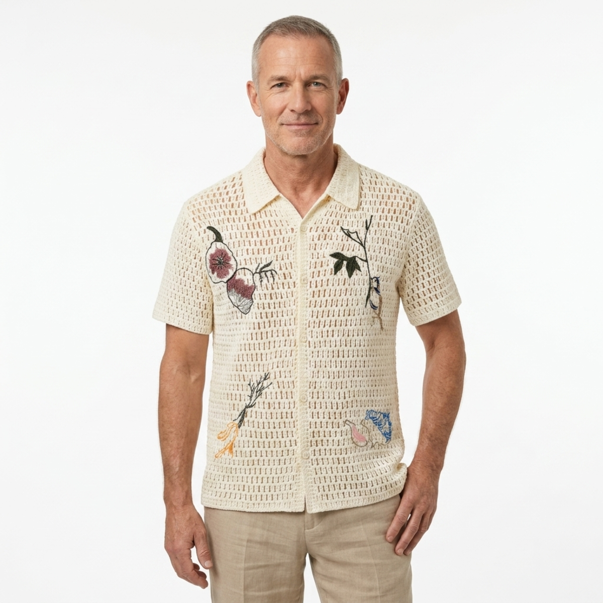 Crochet polo shirt for men — botanical embroidery — summer resort wear