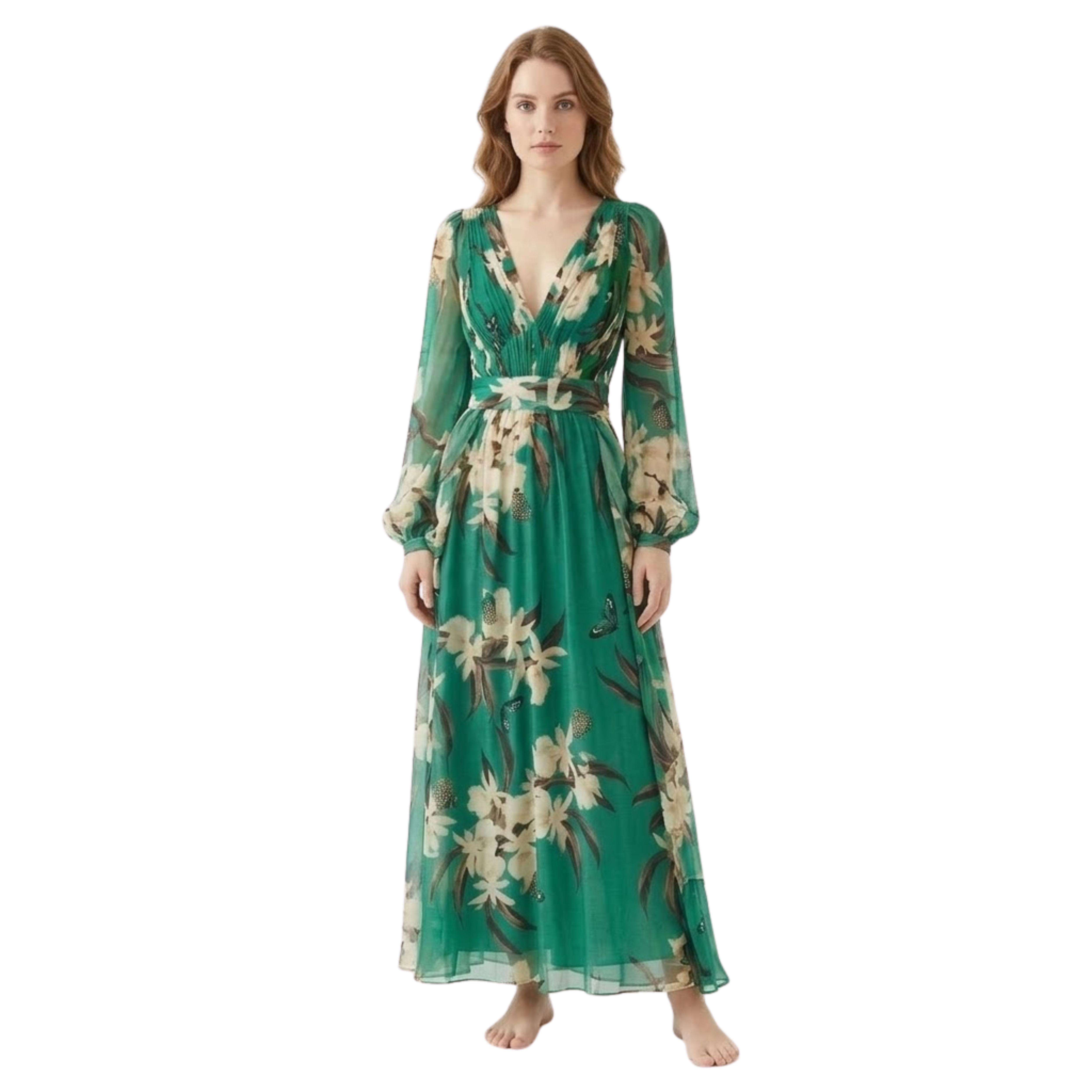 Women’s Long Sleeve Floral Maxi Dress V-Neck High Waist Flowy Print Evening Gown