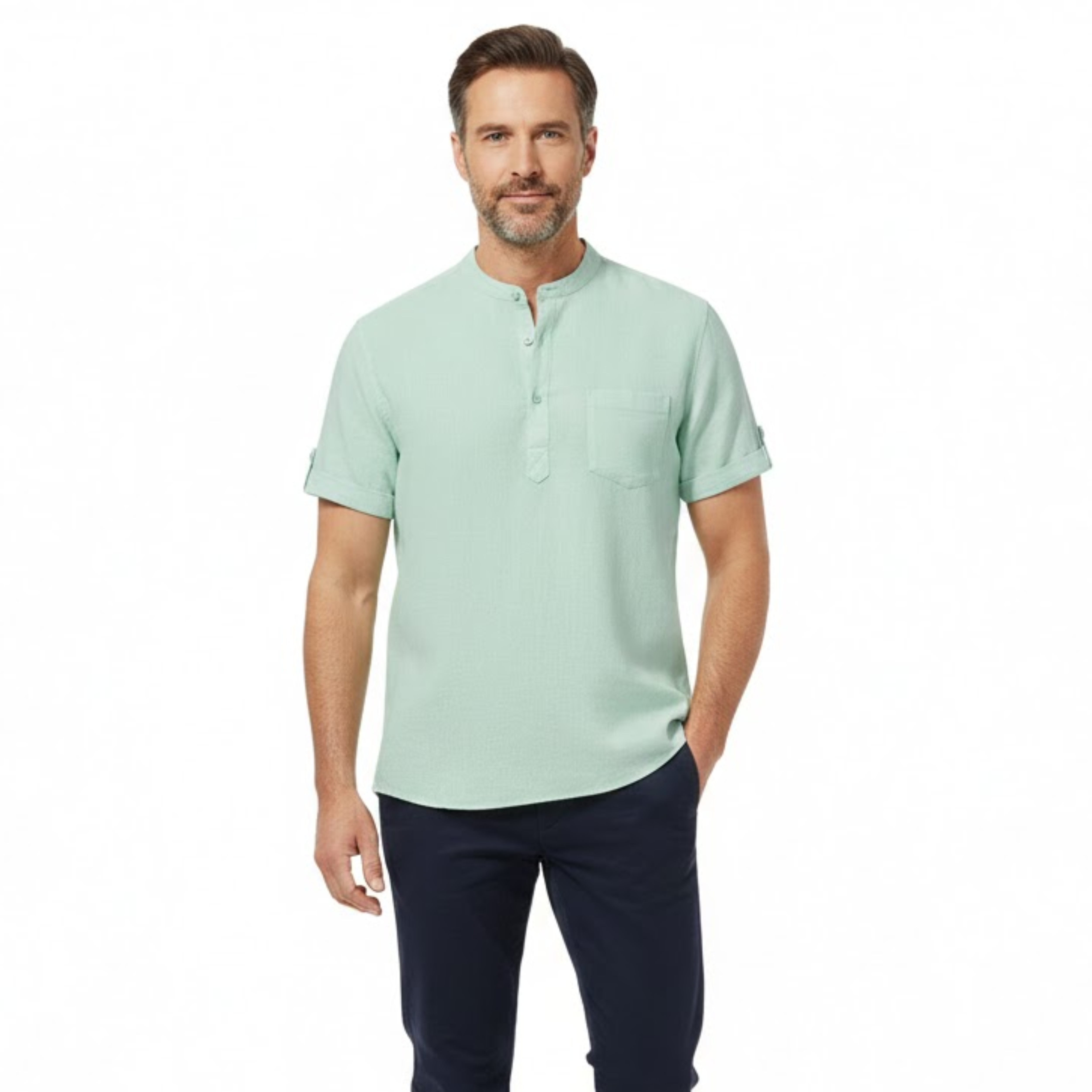 Men's Cotton Linen Henley Shirt Short Sleeve Breathable Casual Pocket Beach Top