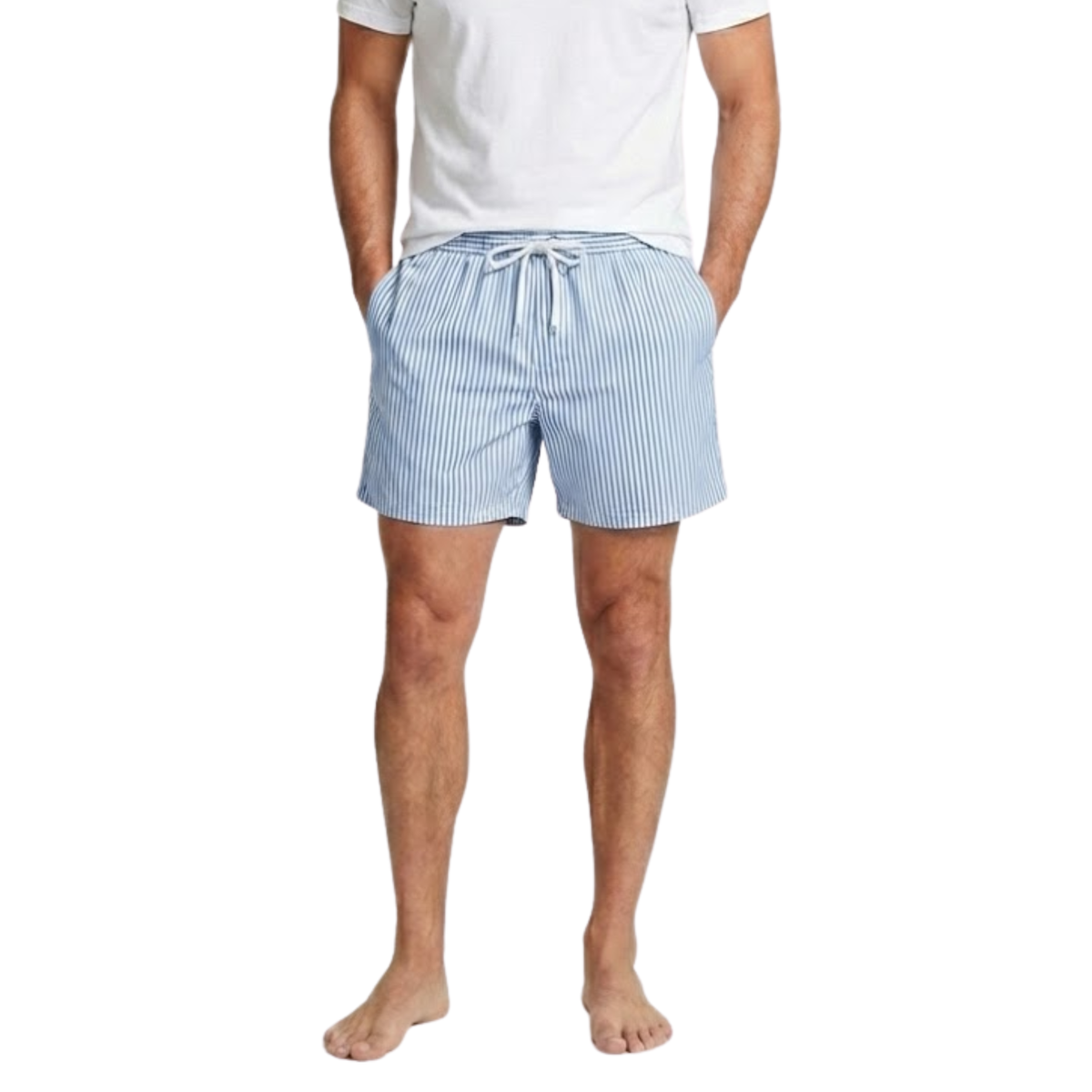 Men's Vertical Striped Beach Shorts with Elastic Drawstring Waist and Loose Fit