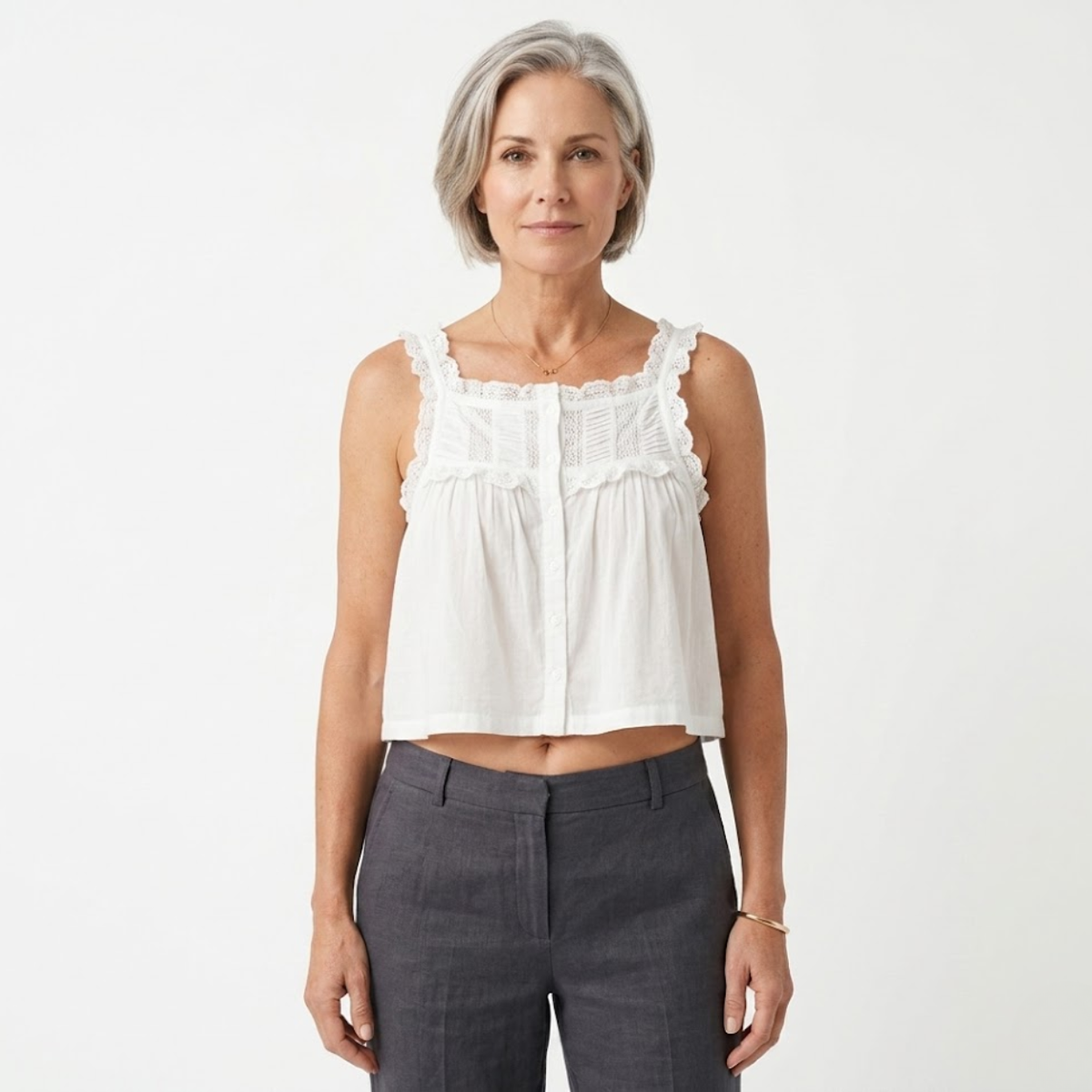 Crop top tank for women with ruffle lace and button front — beach outfit