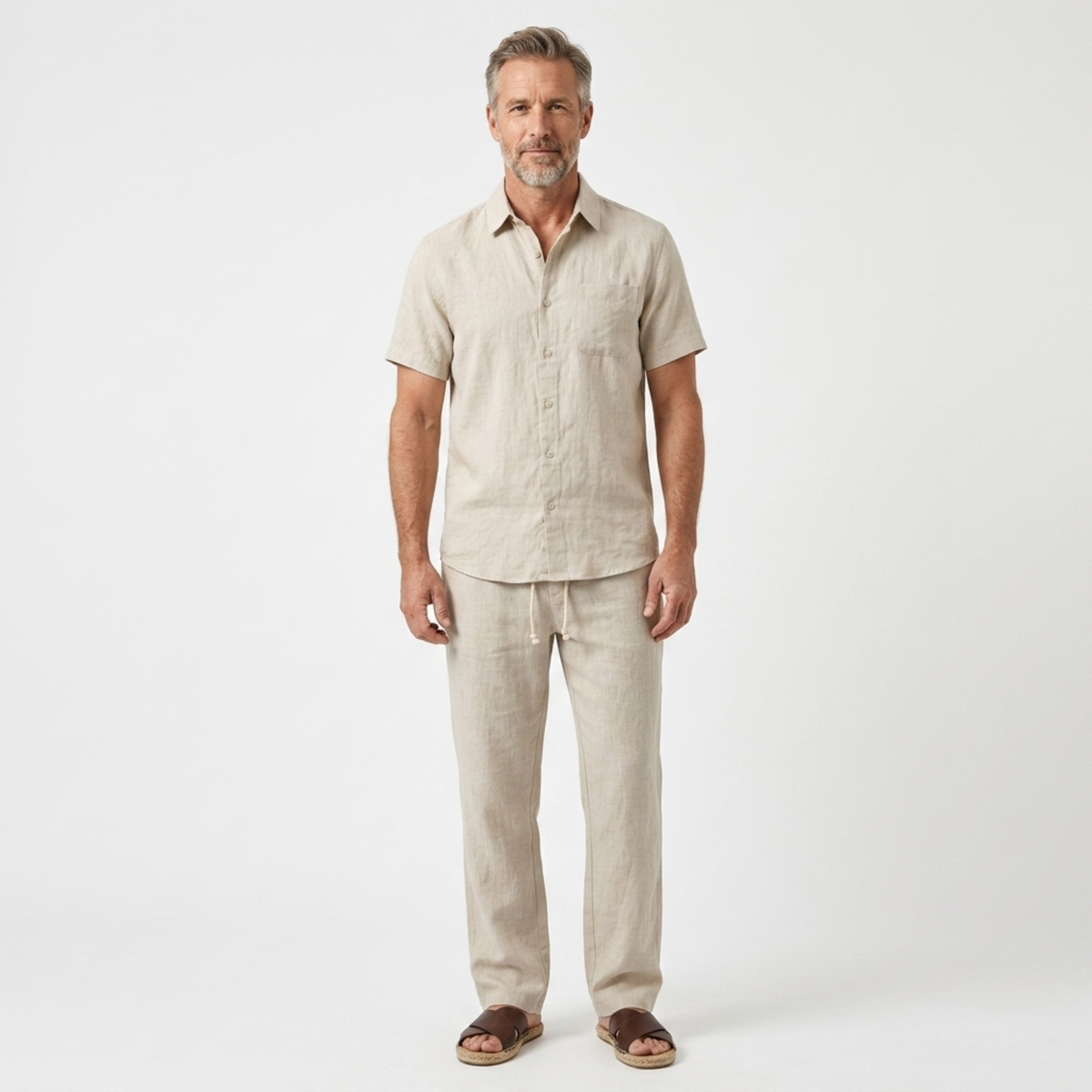 Linen two-piece set for men — relaxed fit — beach holiday