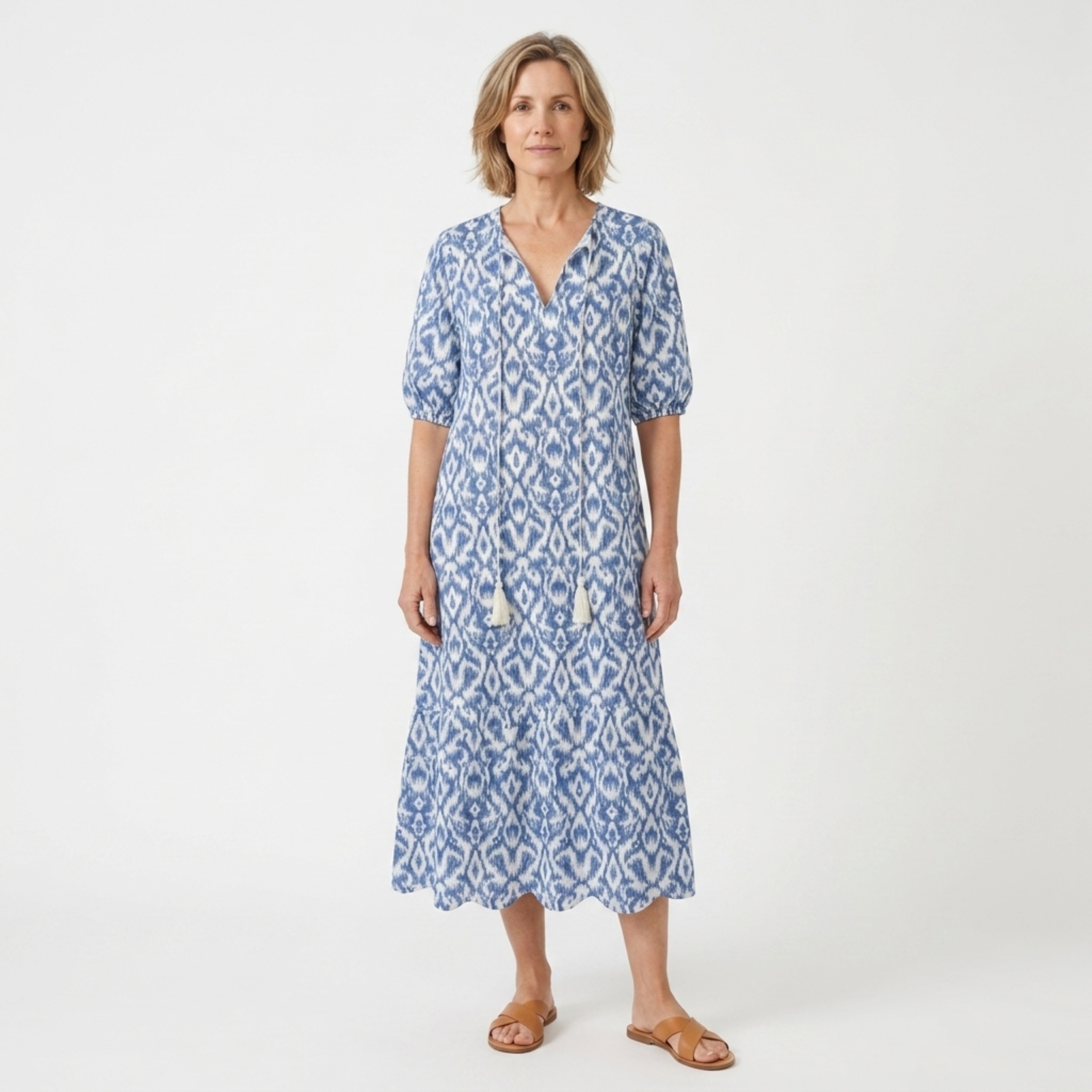 Women's Boho Cotton Maxi Dress Geometric Print Tassel V-Neck Short Sleeve Kaftan