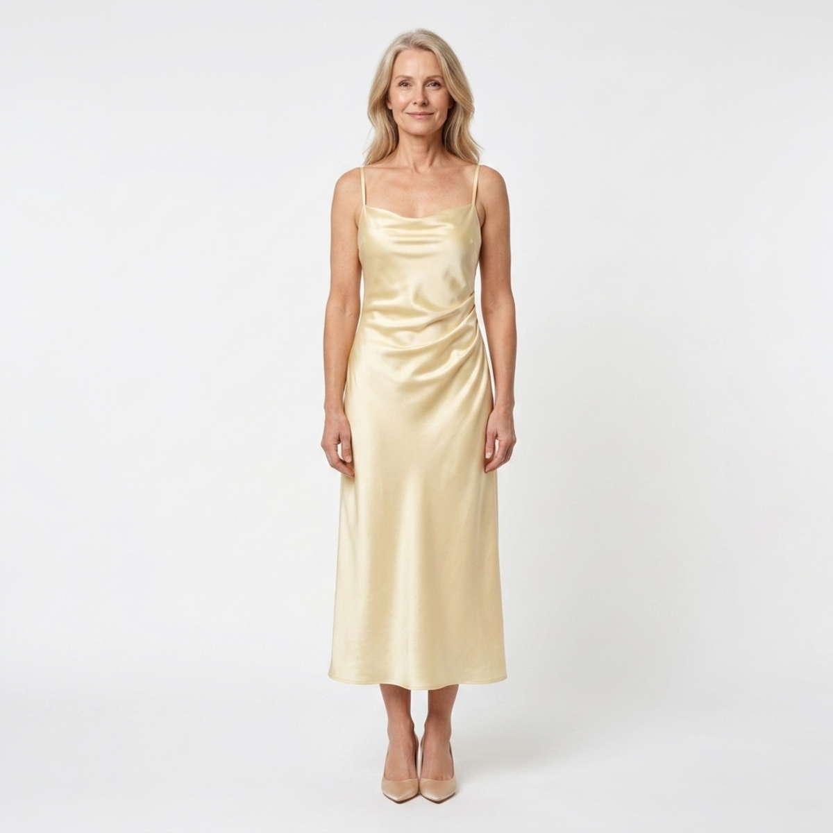 Women's Satin Maxi Dress Sleeveless Square Neck Side Ruched High Split Formal Dress