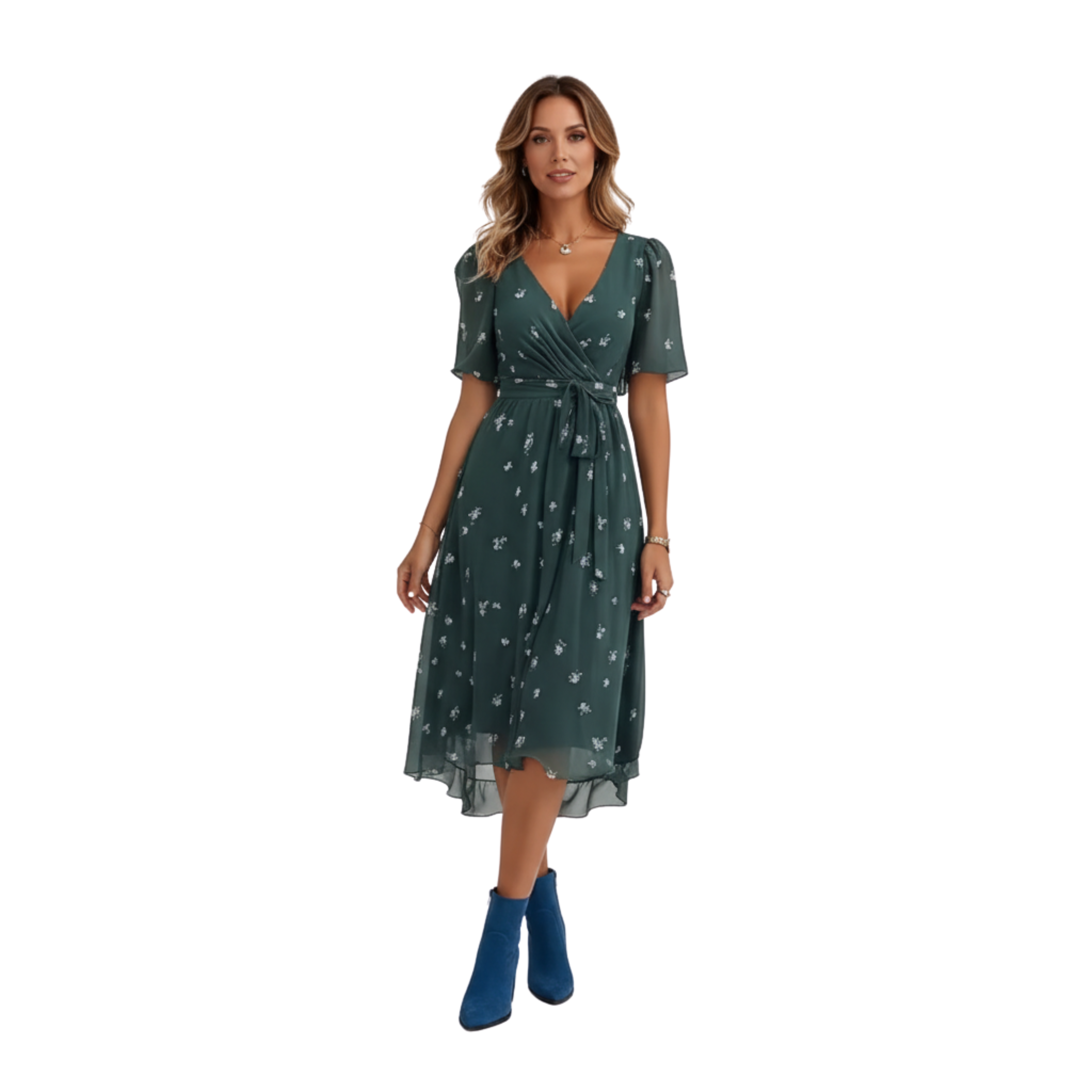 Women's V-Neck Short Sleeve Print Midi Dress Casual Loose Fit A-Line Flowy Dress