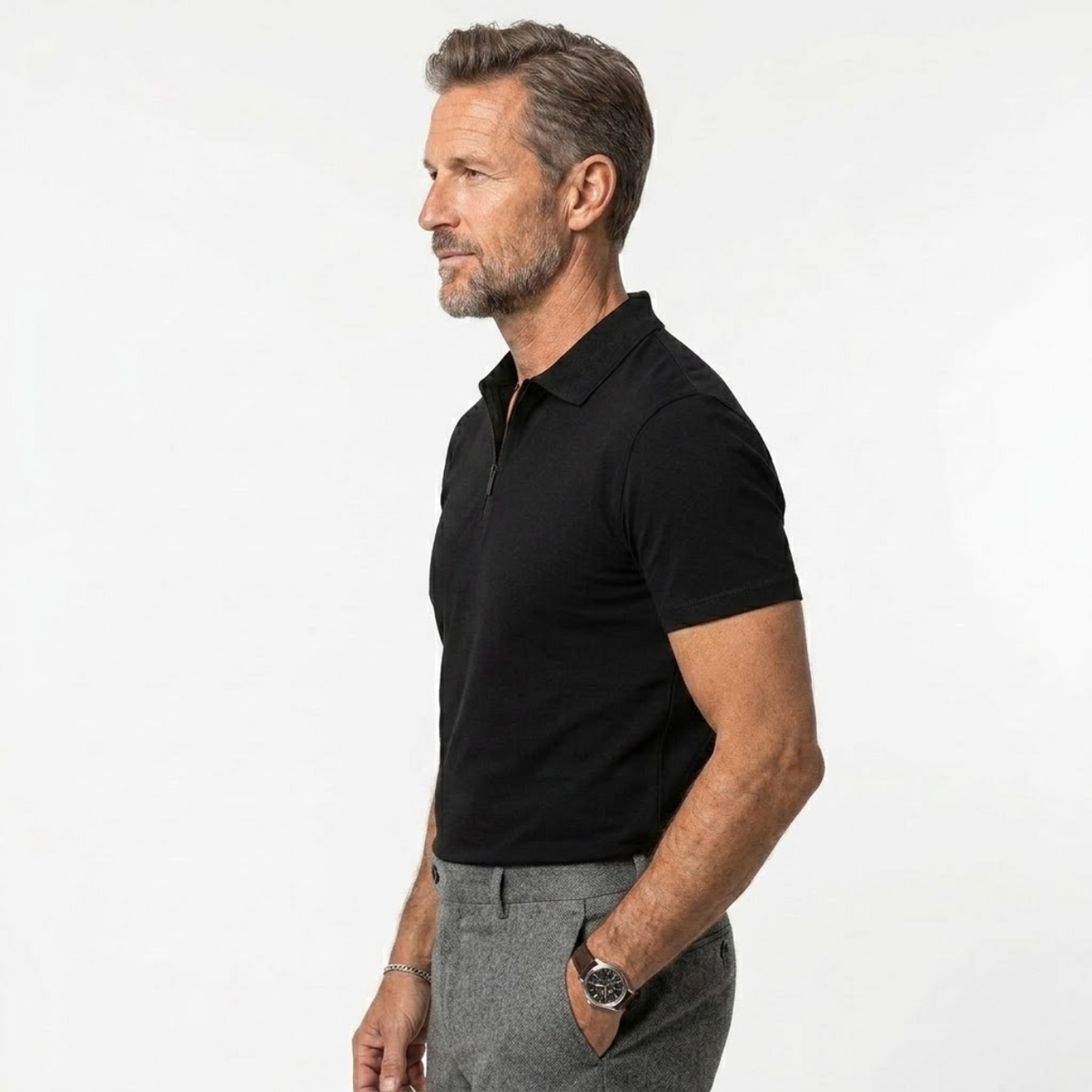 Men's quarter-zip polo shirt — textured knit regular fit — smart casual office