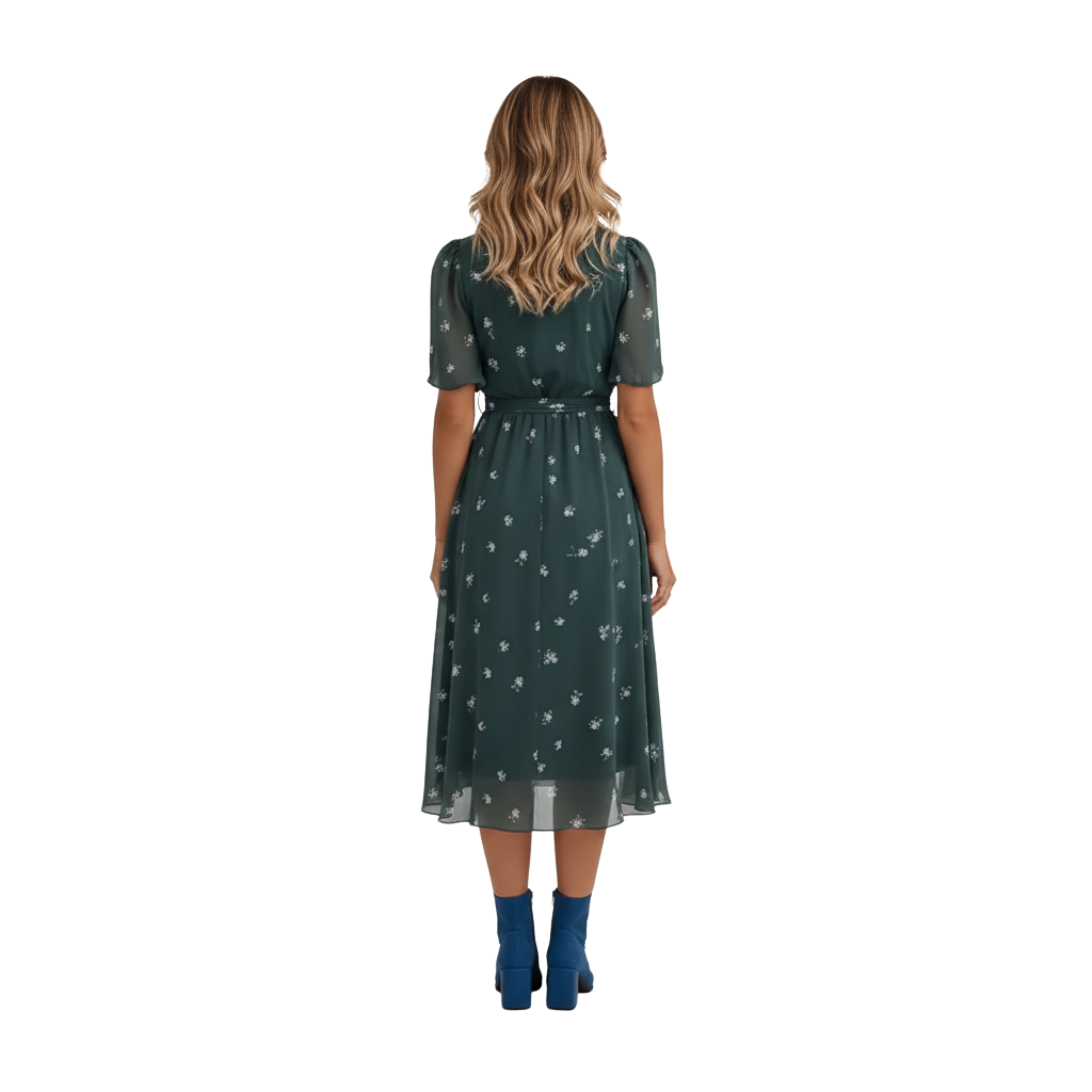 Women's V-Neck Short Sleeve Print Midi Dress Casual Loose Fit A-Line Flowy Dress