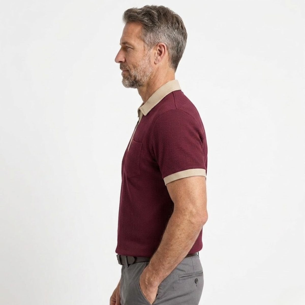 Men's textured polo shirt — front zip regular fit — casual daily office