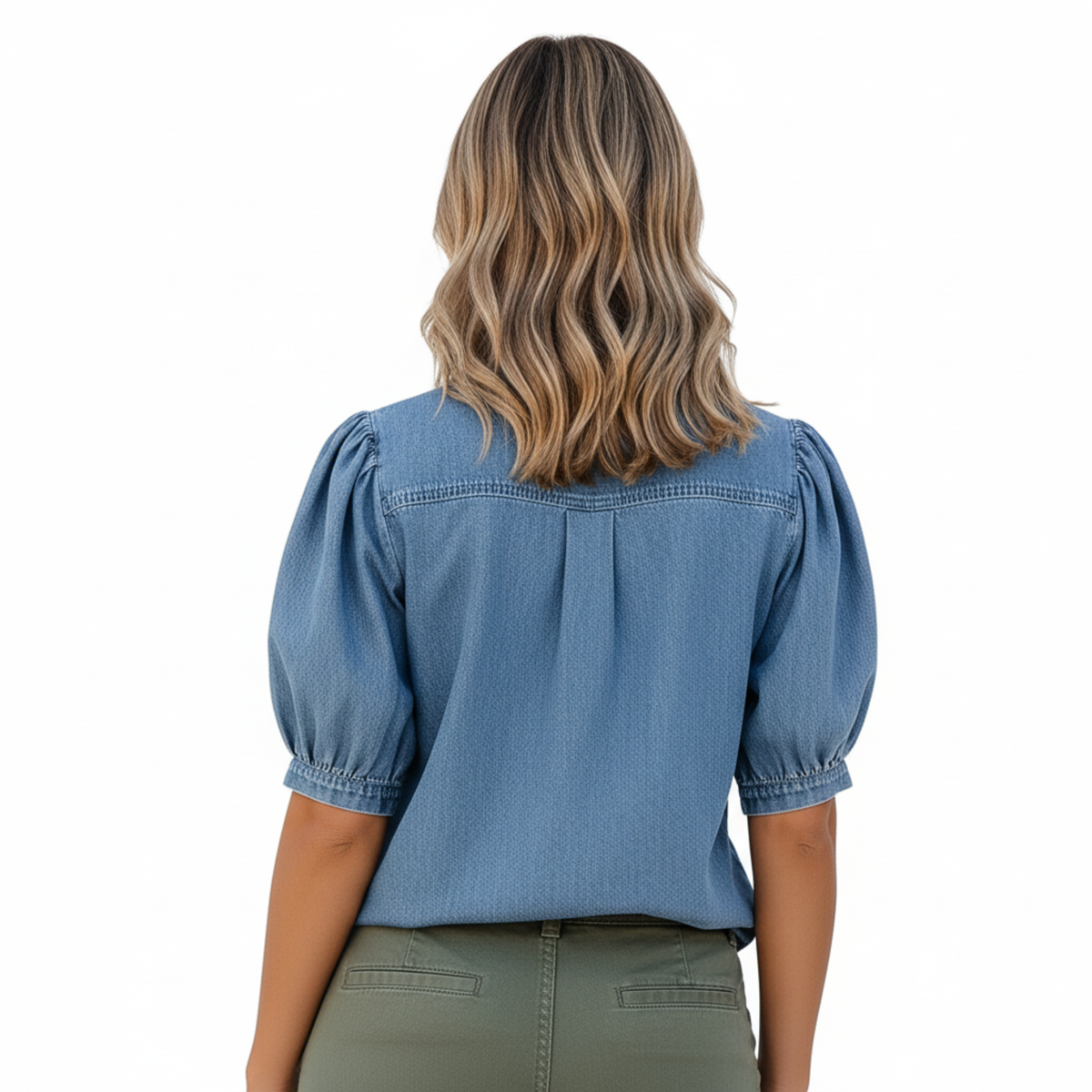 Short Sleeve Denim Shirt Women's Puff Sleeve Button Up Blouse with Pocket