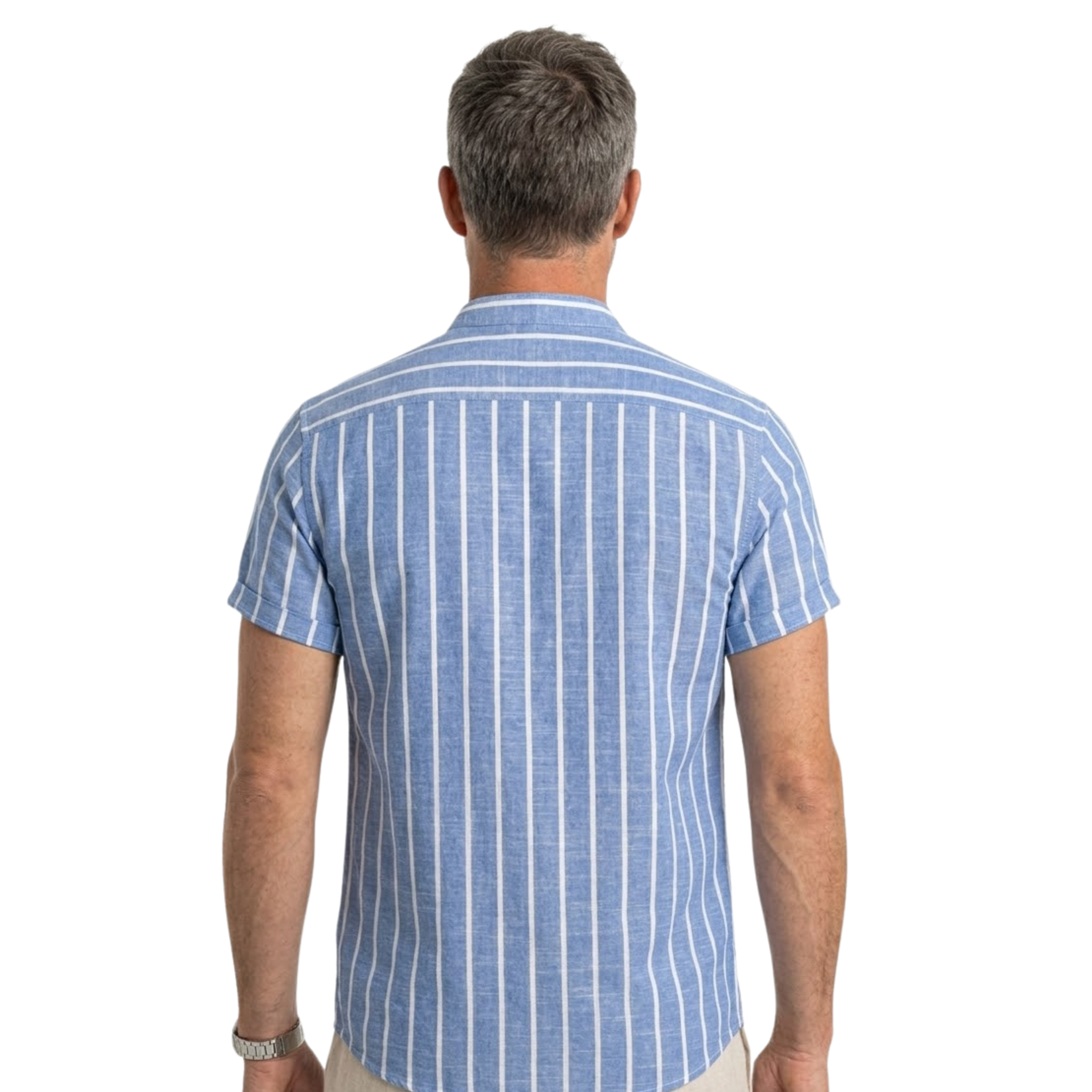 Short Sleeve Striped Linen Shirt Men Stand Collar Casual Button Up Summer Tops