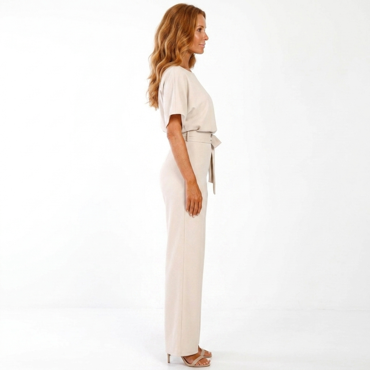 Women's wide-leg jumpsuit — belted waist with short sleeves — office wear