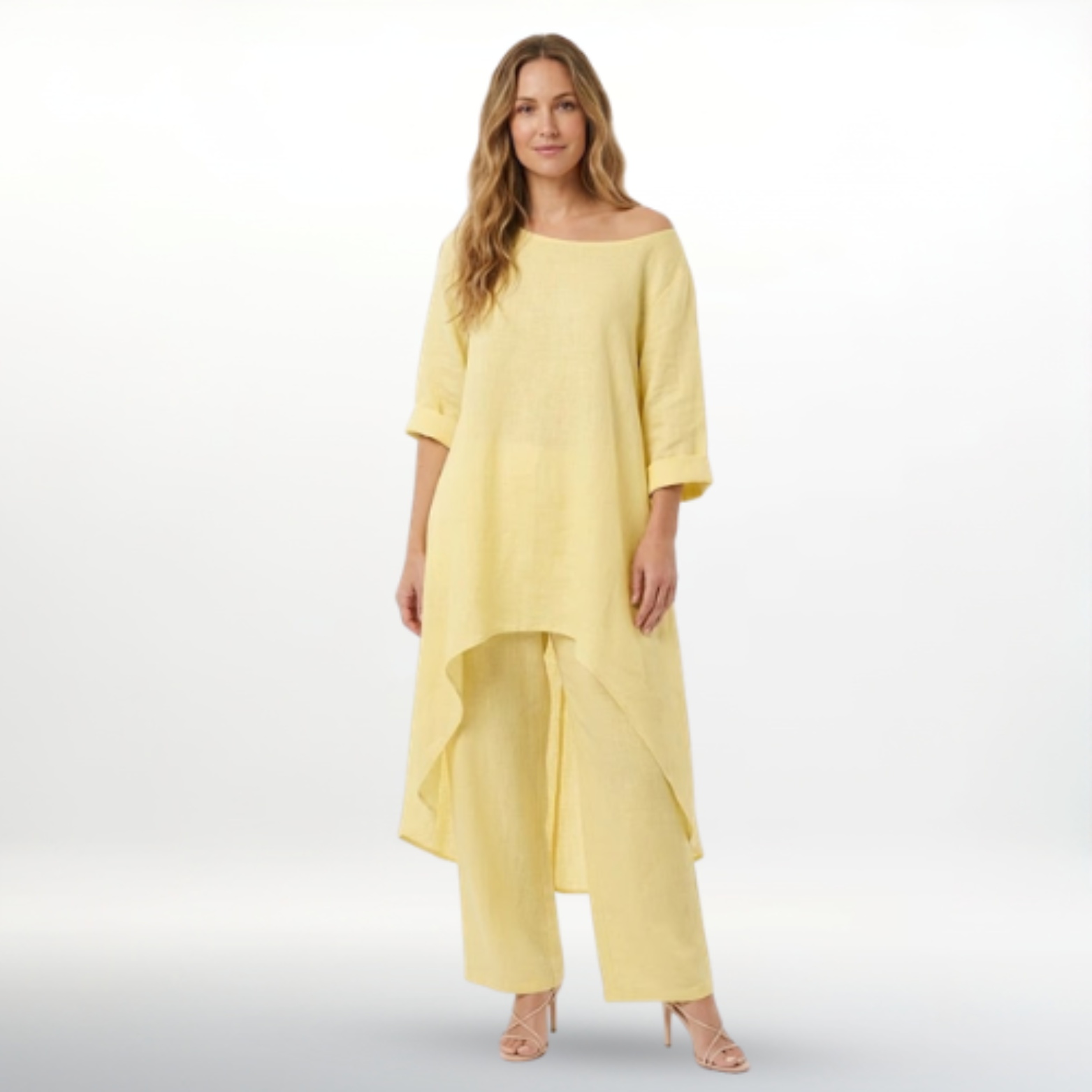 Women’s Cotton Linen Two Piece Set Irregular Hem Long Top and Wide Leg Pants