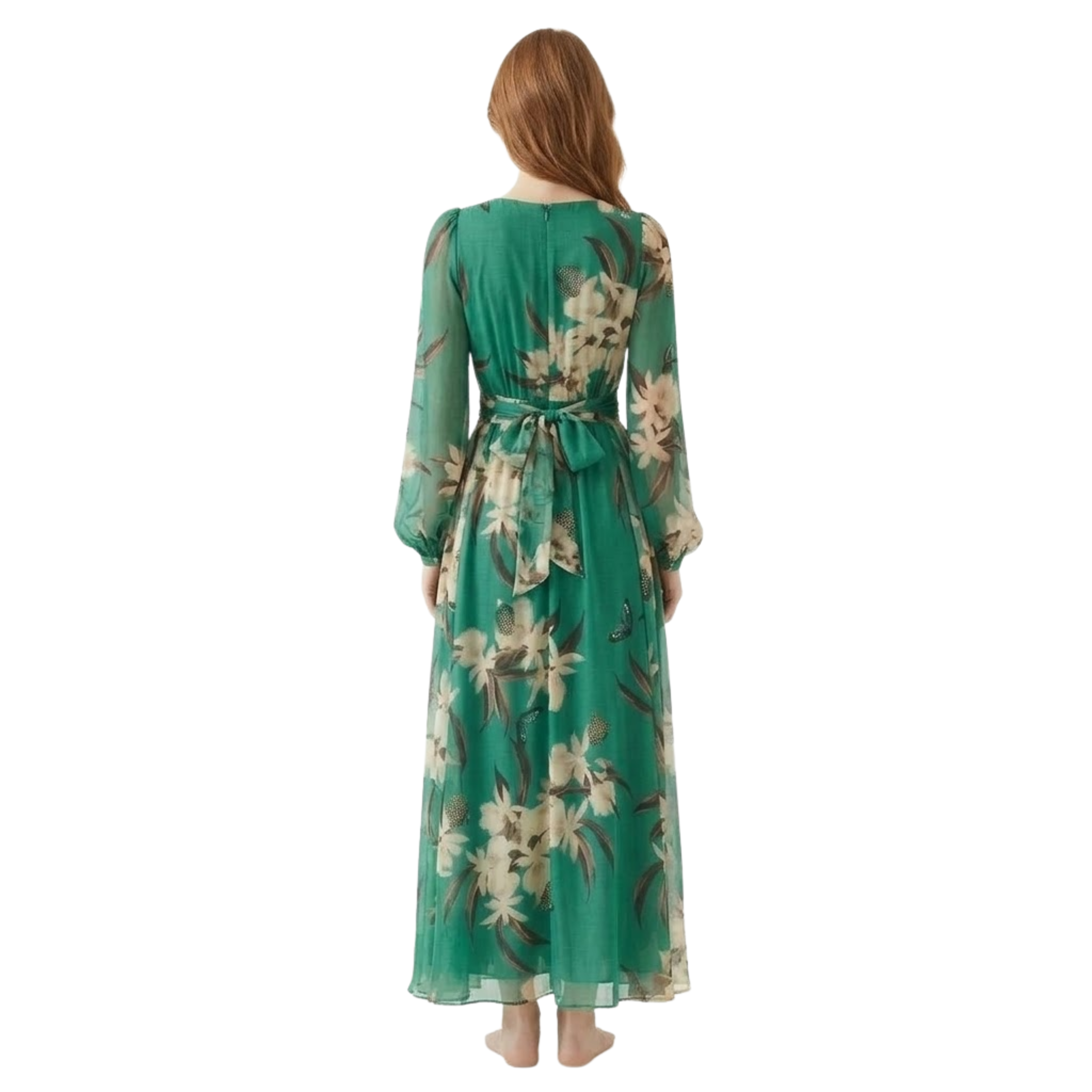 Women’s Long Sleeve Floral Maxi Dress V-Neck High Waist Flowy Print Evening Gown