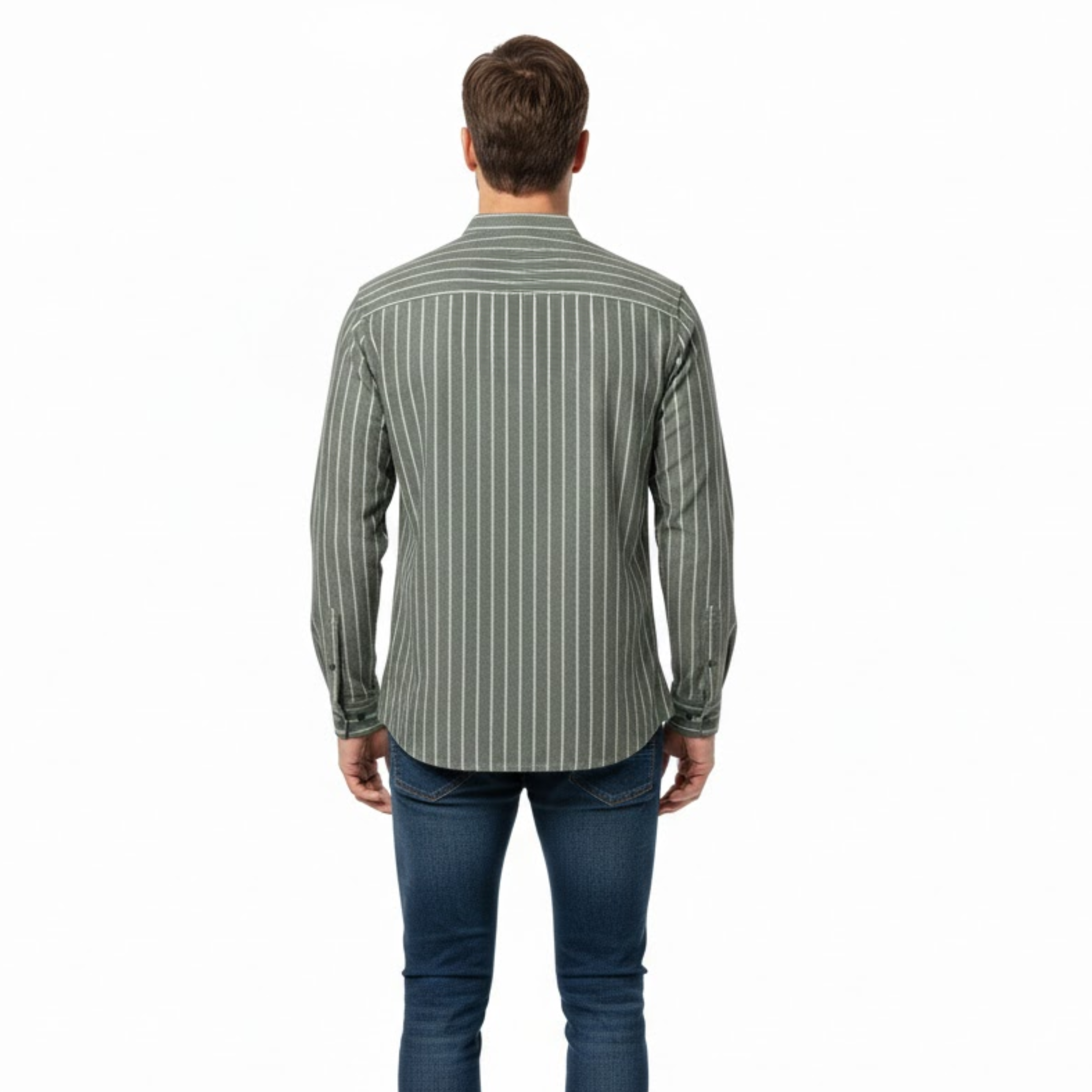 Men's Cotton Linen Striped Shirt Full Sleeve Stand Collar Single Breasted Casual Top