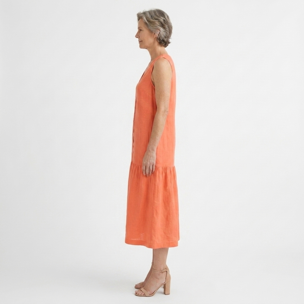 Women's V-Neck Linen Maxi Dress Button Up Sleeveless Tiered Hem Relaxed Fit Gown