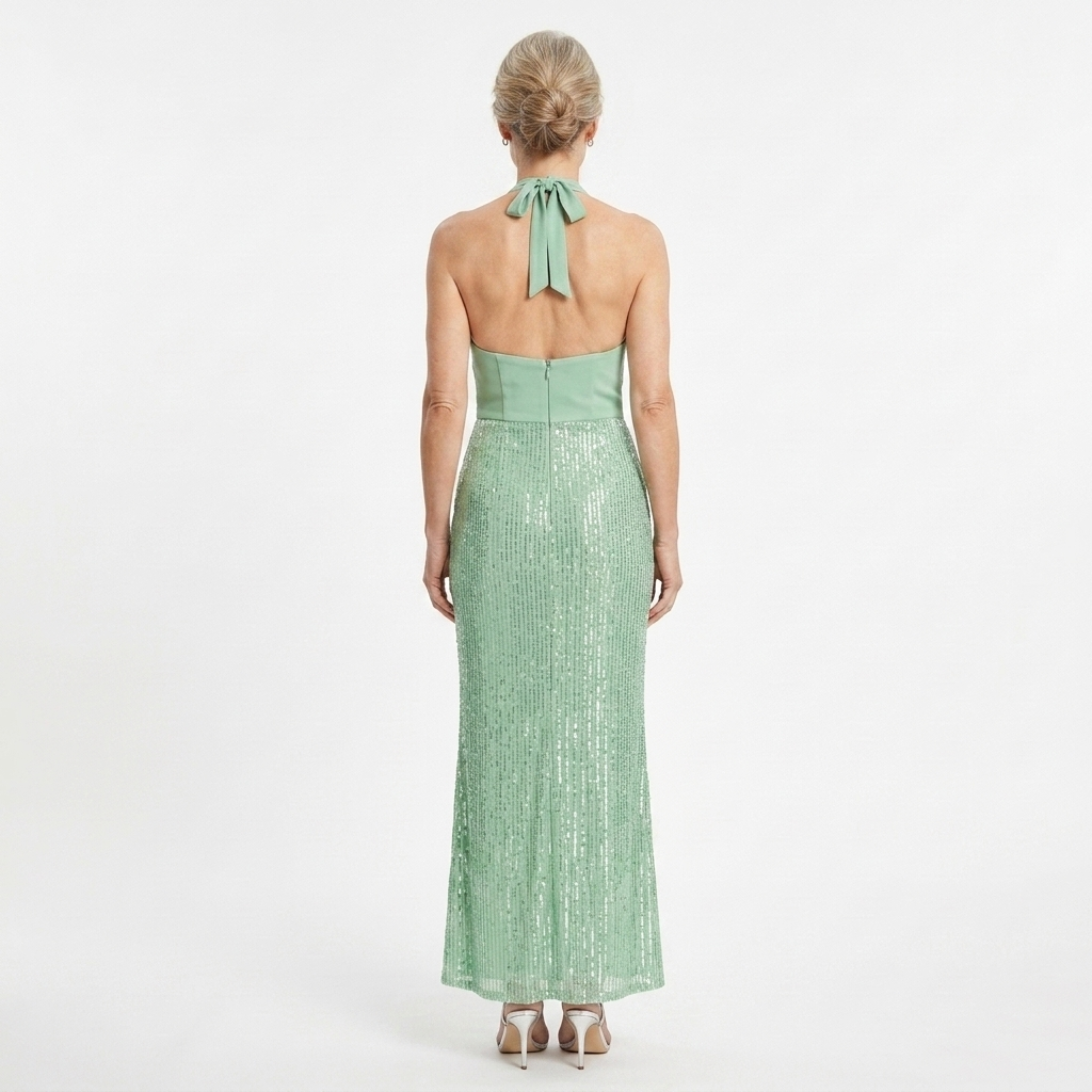 Women's Halter Neck Sequin Gown Deep V Open Back Mermaid Hem Formal Event Dress