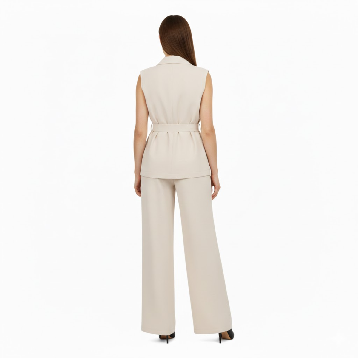 Sleeveless Vest and Wide Leg Pants Set with Turn Down Collar and Tie Waist Belt