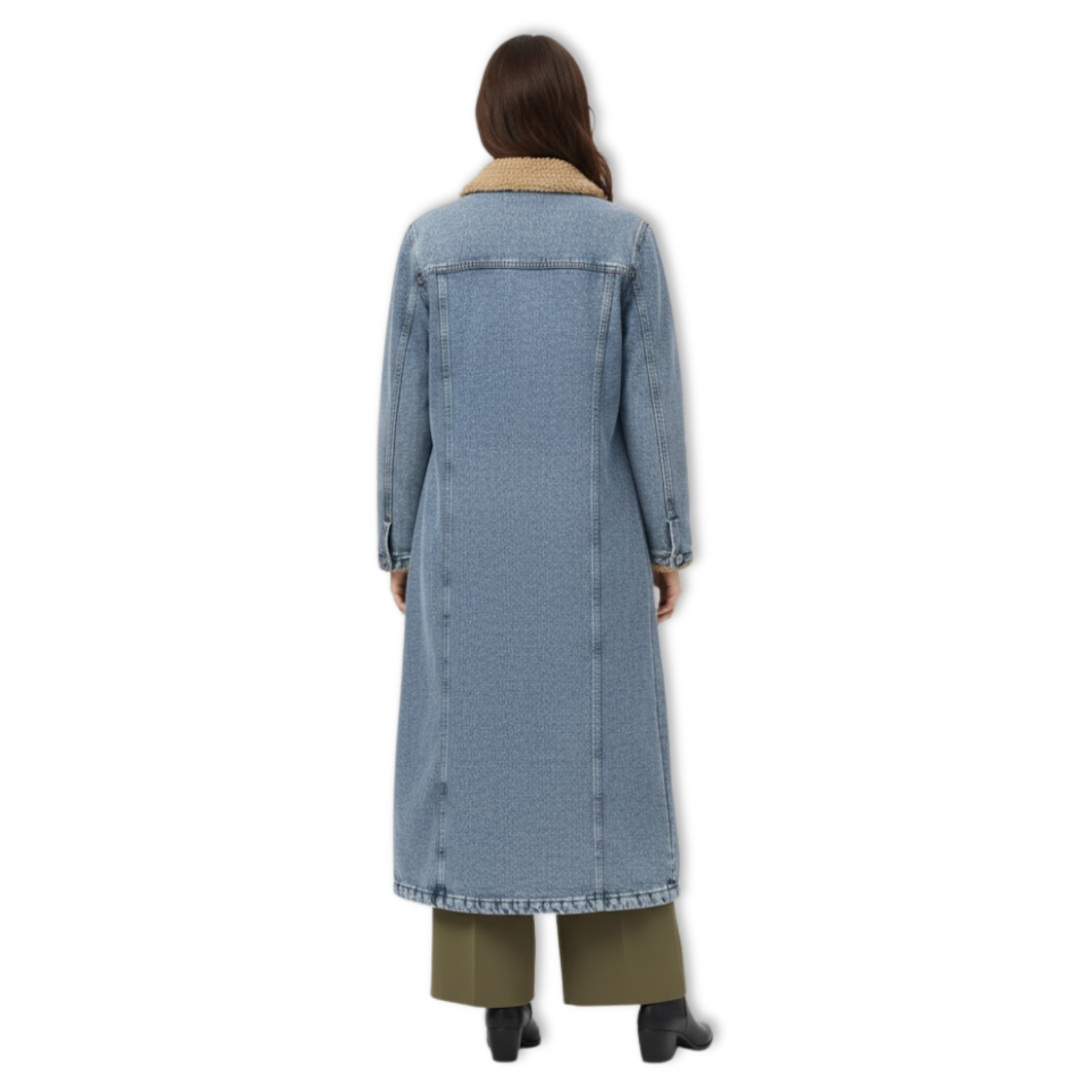 Women's Long Denim Coat Shearling Lined Faux Fur Collar Button Down Jean Jacket