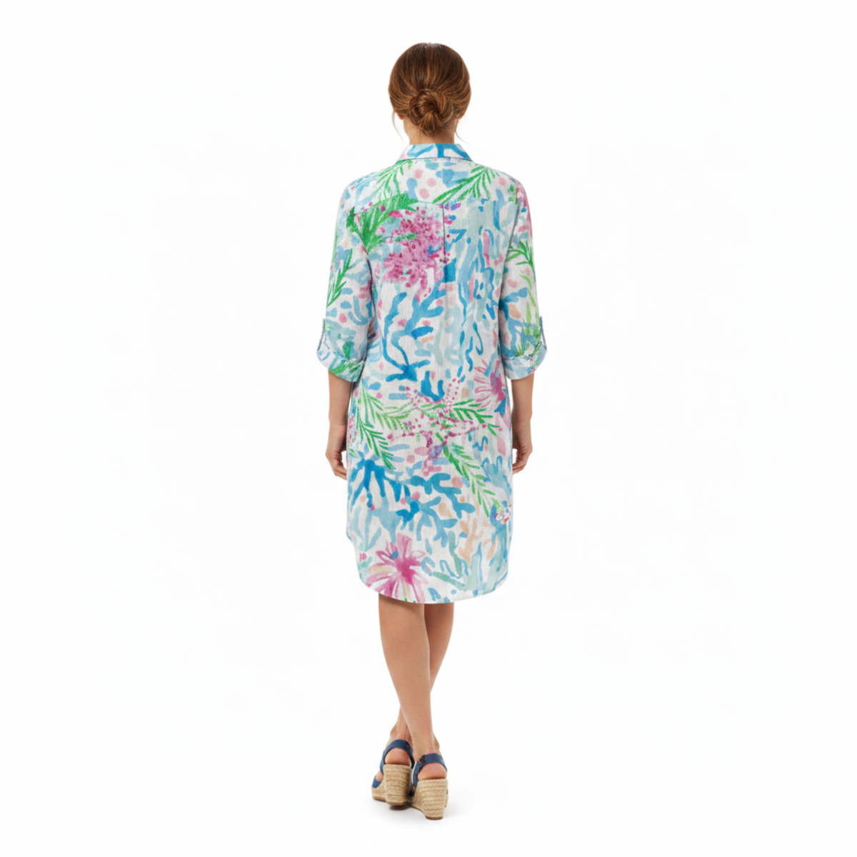 Tropical Print Shirt Dress Women's Beach Cover Up with 3/4 Roll-Tab Sleeves