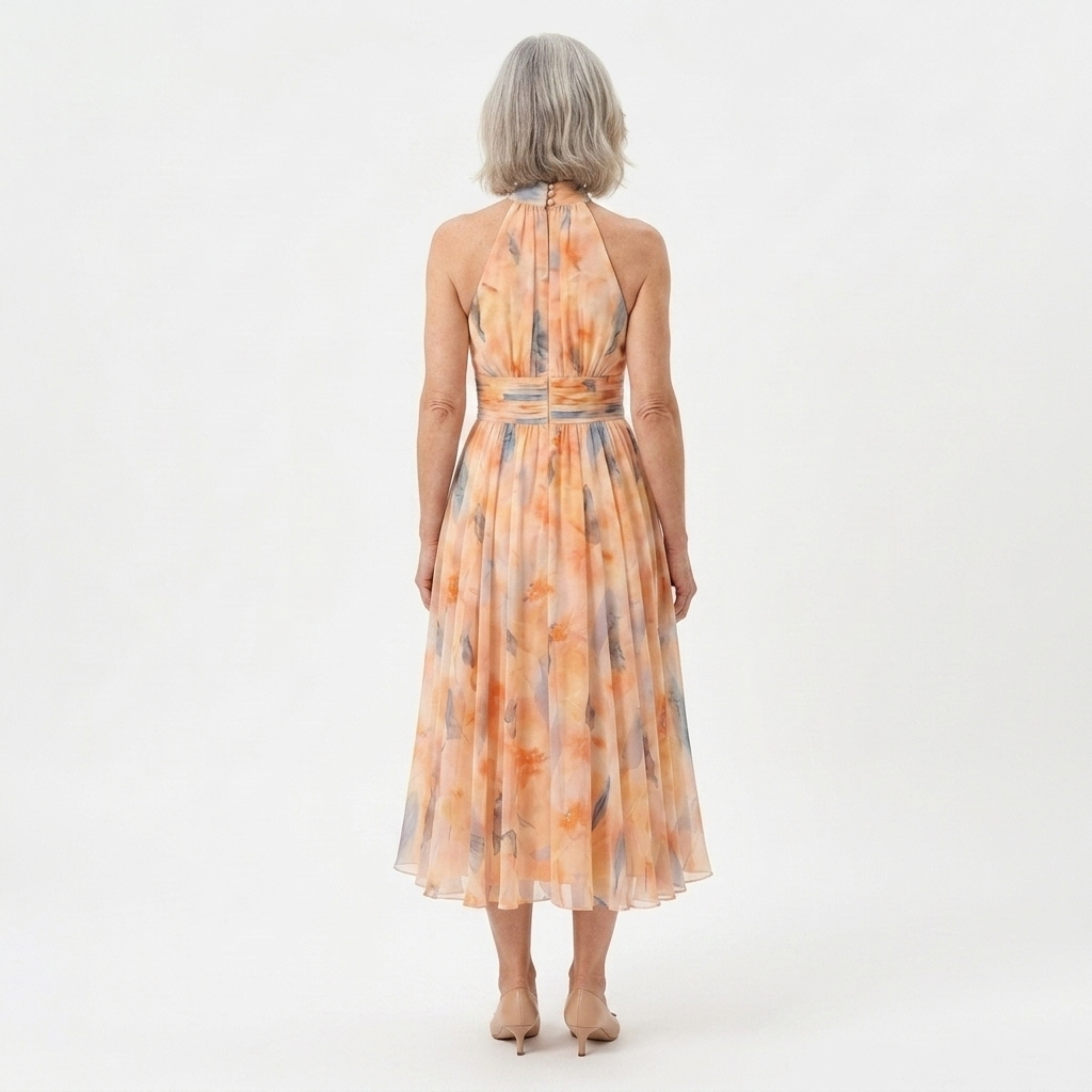 Women's Chiffon Floral Maxi Dress Open Back Halter Neck Flowy Skirt Formal Occasion